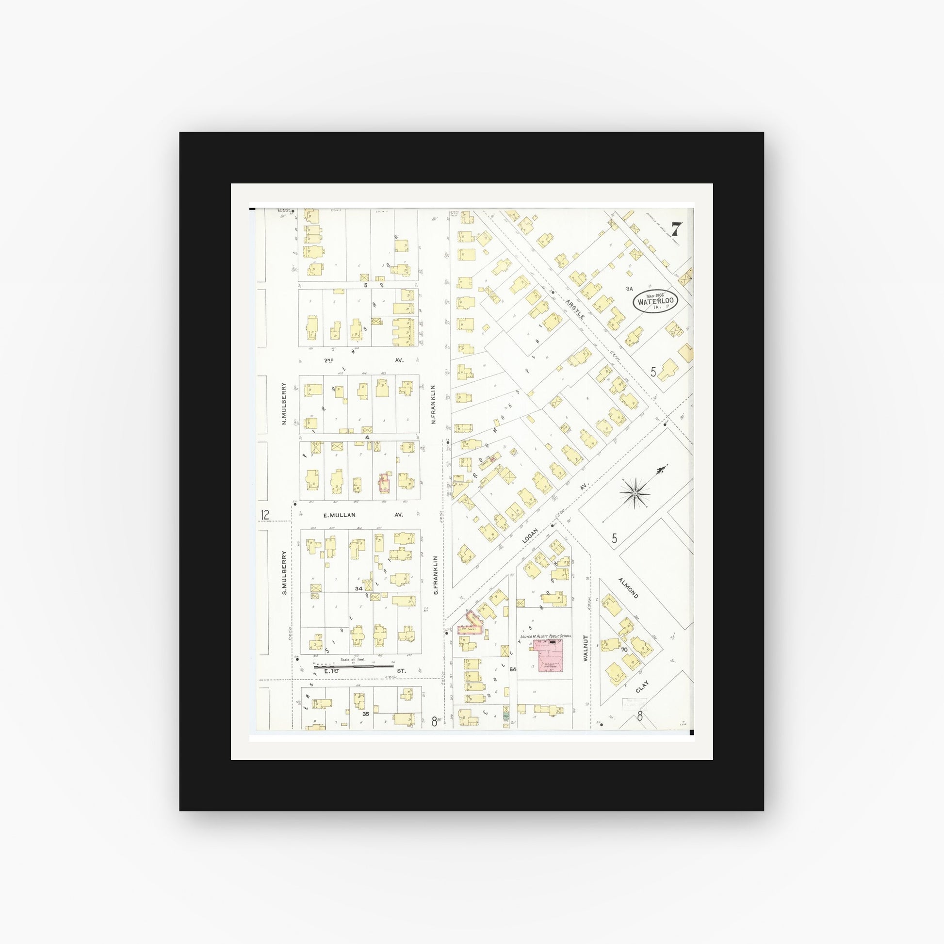Old map wall art mockup — black gallery frame with white mat — Sanborn Fire Insurance Map from Waterloo, Black Hawk County, Iowa (1906), Sheet #0007