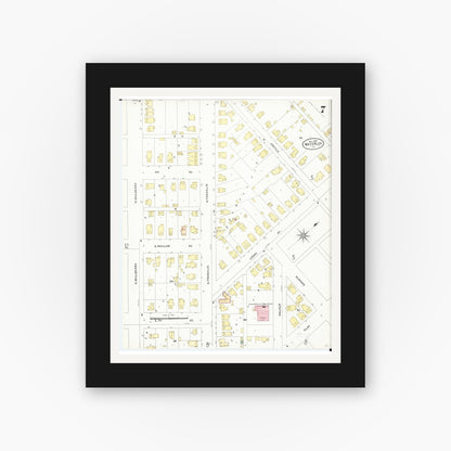 Old map wall art mockup — black gallery frame with white mat — Sanborn Fire Insurance Map from Waterloo, Black Hawk County, Iowa (1906), Sheet #0007