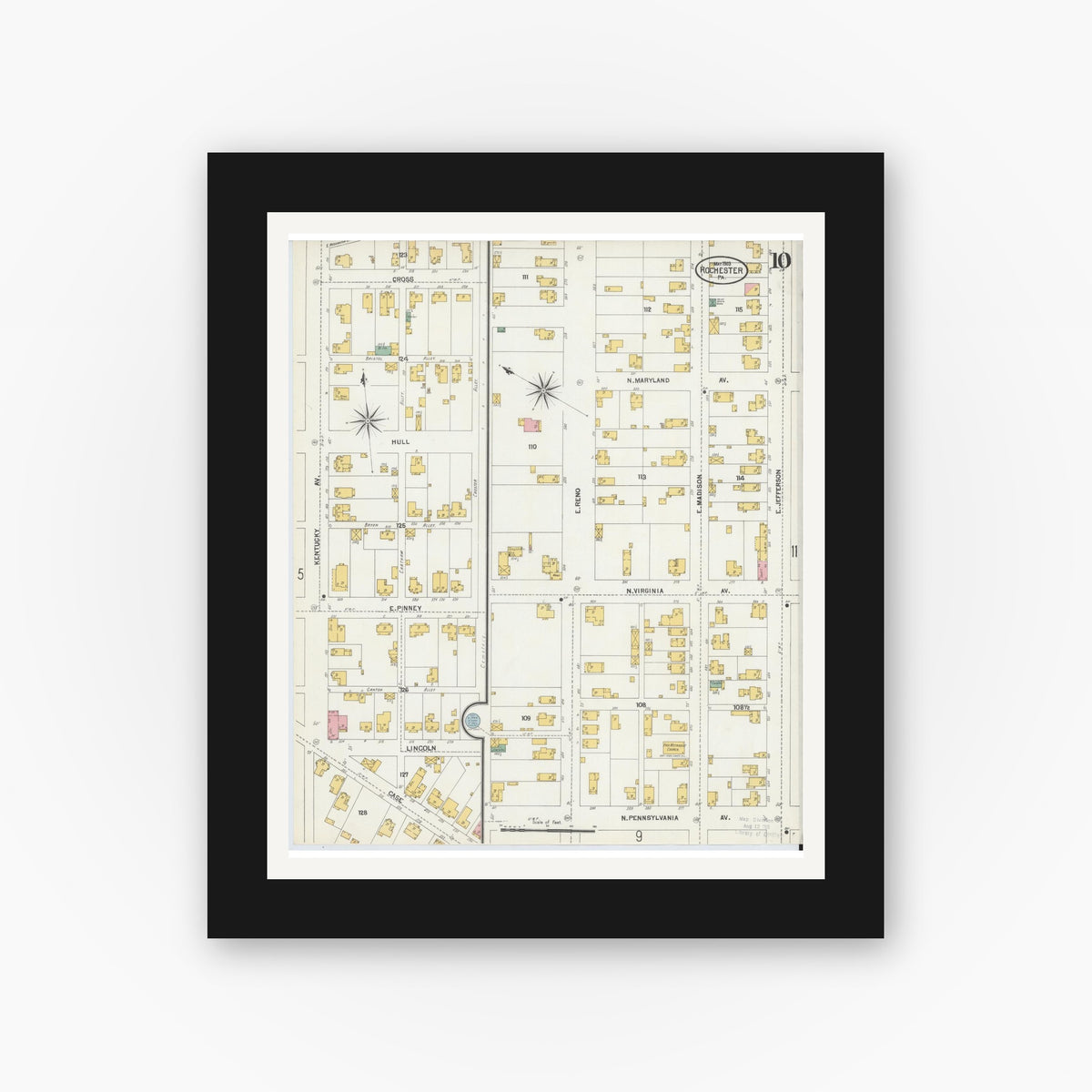 Old map wall art mockup — black gallery frame with white mat — Sanborn Fire Insurance Map from Rochester, Beaver County, Pennsylvania (1903), Sheet #0010