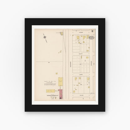 Old map wall art mockup — black gallery frame with white mat — Sanborn Fire Insurance Map from Kenedy, Karnes County, Texas (1922), Sheet #0008