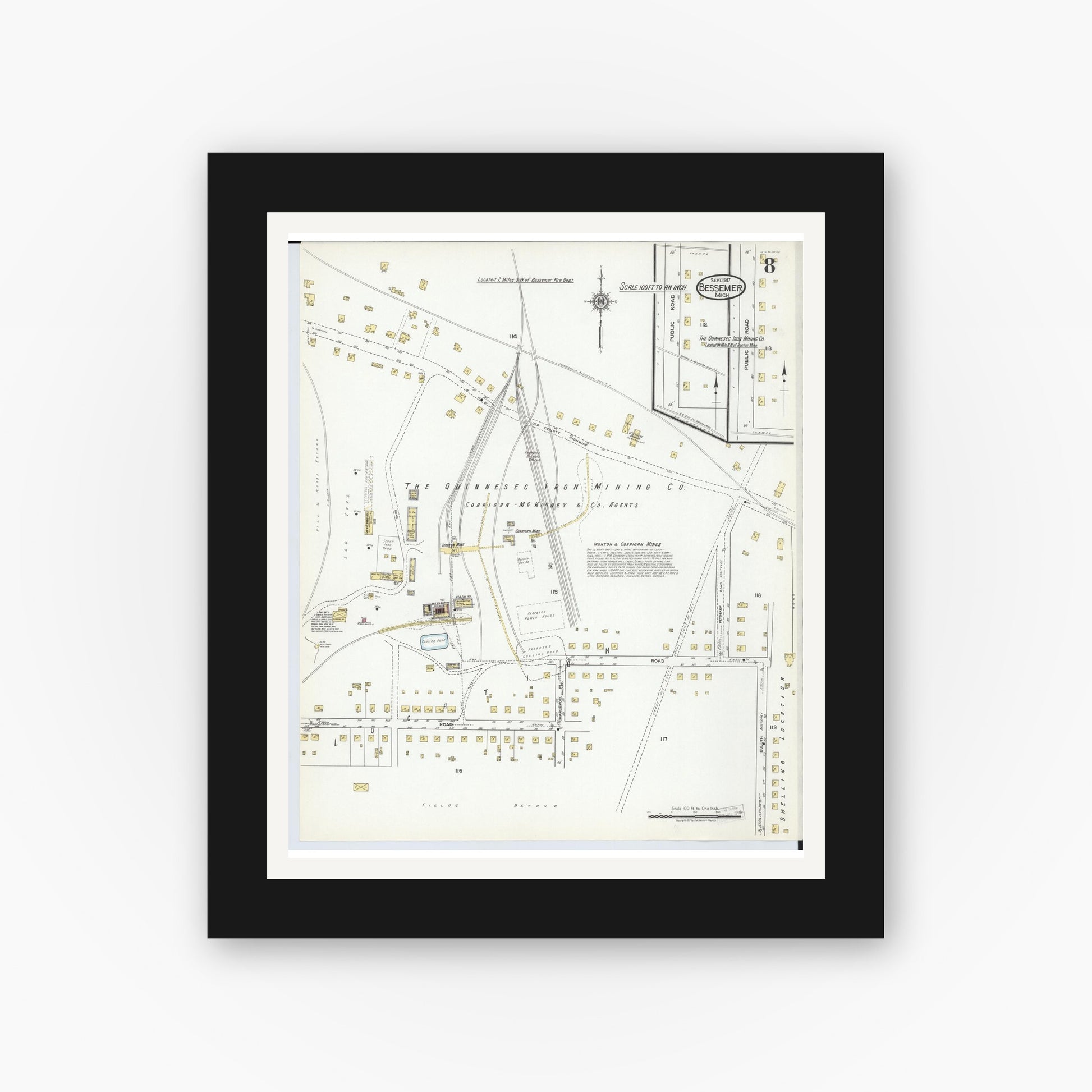 Old map wall art mockup — black gallery frame with white mat — Sanborn Fire Insurance Map from Bessemer, Gogebic County, Michigan (1917), Sheet #0008