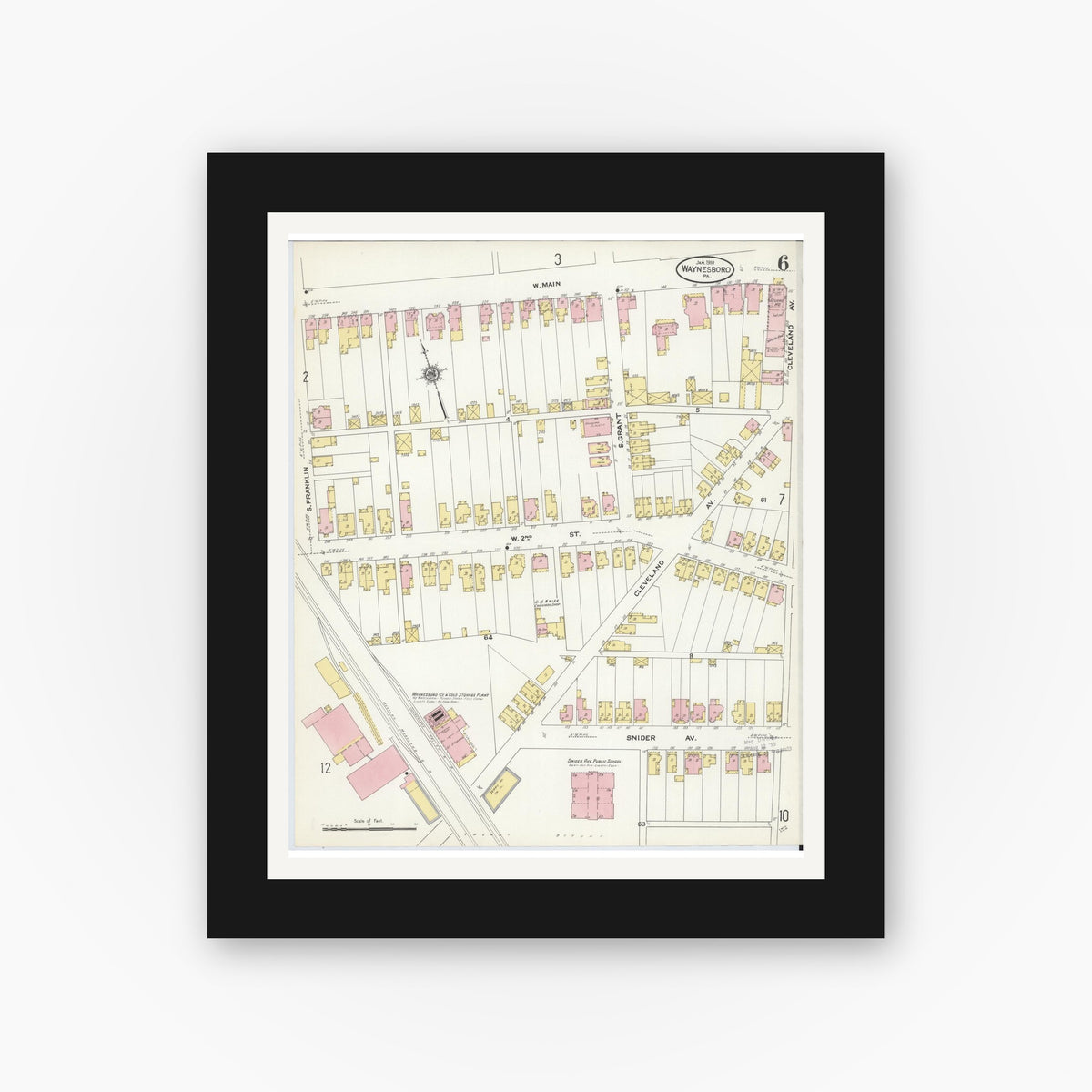 Old map wall art mockup — black gallery frame with white mat — Sanborn Fire Insurance Map from Waynesboro, Franklin County, Pennsylvania (1910), Sheet #0006