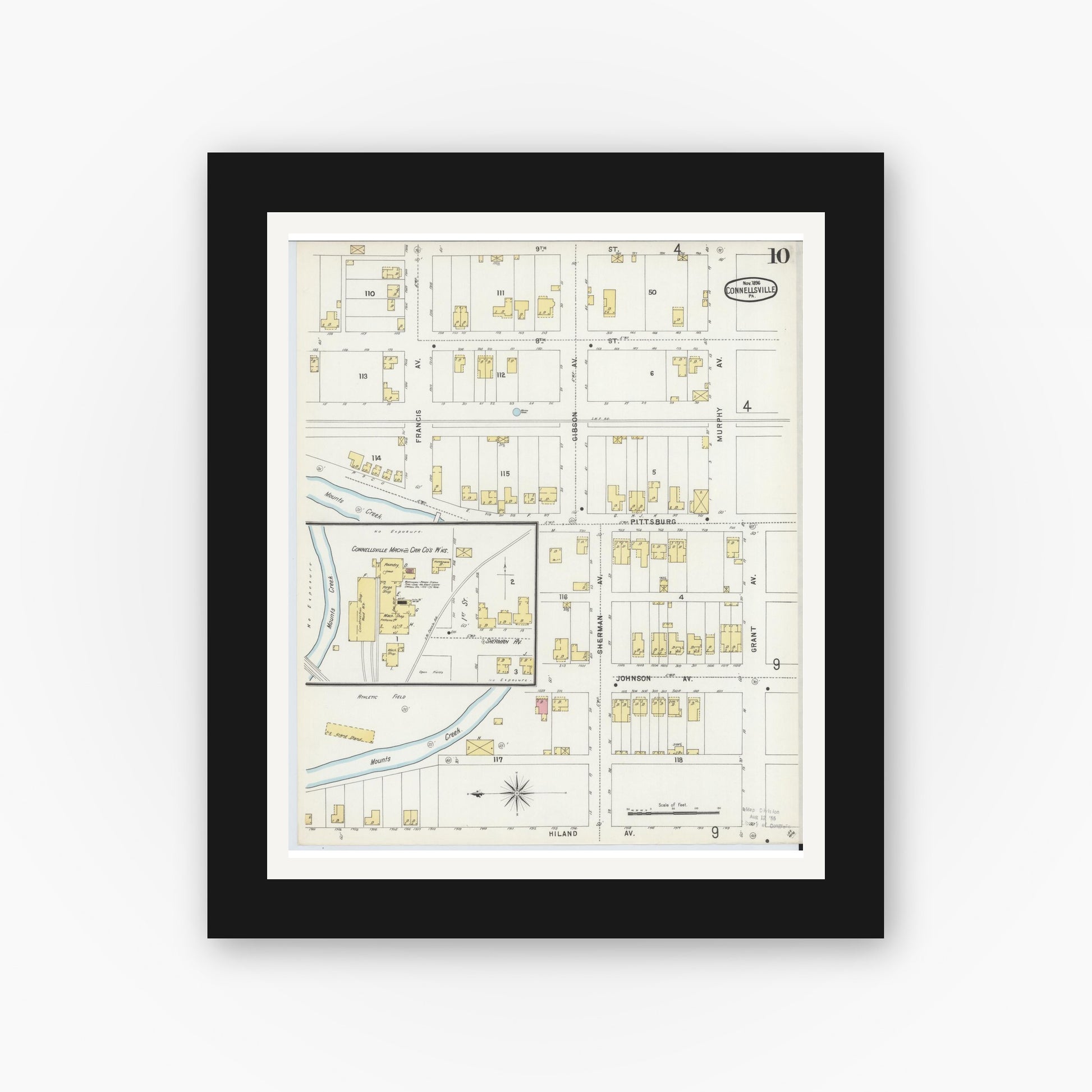 Old map wall art mockup — black gallery frame with white mat — Sanborn Fire Insurance Map from Connellsville, Fayette County, Pennsylvania (1896), Sheet #0010