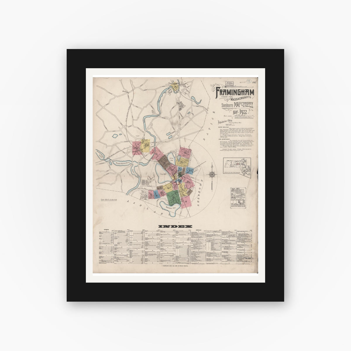 Old map wall art mockup — black gallery frame with white mat — Sanborn Fire Insurance Map from Framingham, Middlesex County, Massachusetts (1922) - Complete Map Set