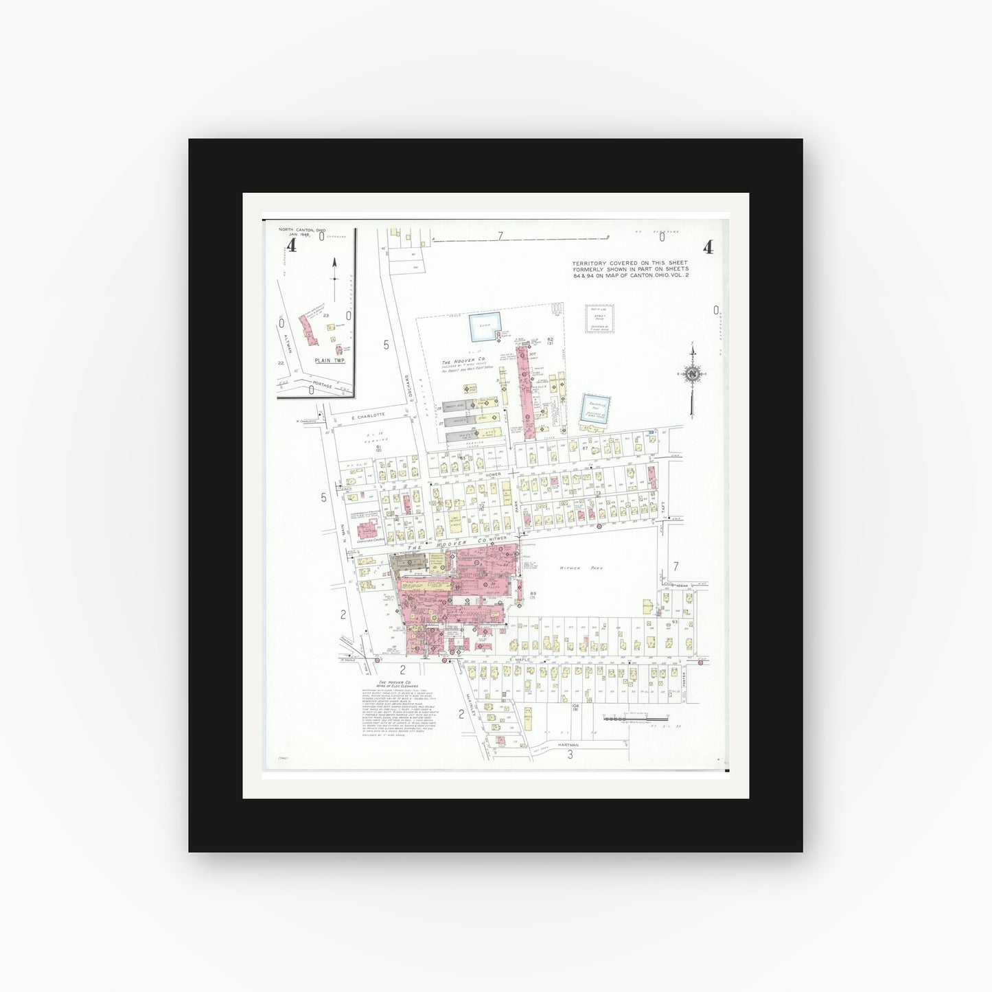 Old map wall art mockup — black gallery frame with white mat — Sanborn Fire Insurance Map from North Canton, Stark County, Ohio (1948), Sheet #0004