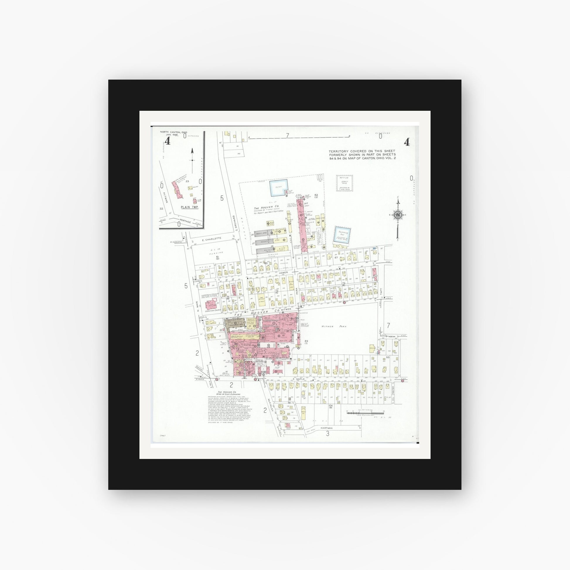 Old map wall art mockup — black gallery frame with white mat — Sanborn Fire Insurance Map from North Canton, Stark County, Ohio (1948), Sheet #0004