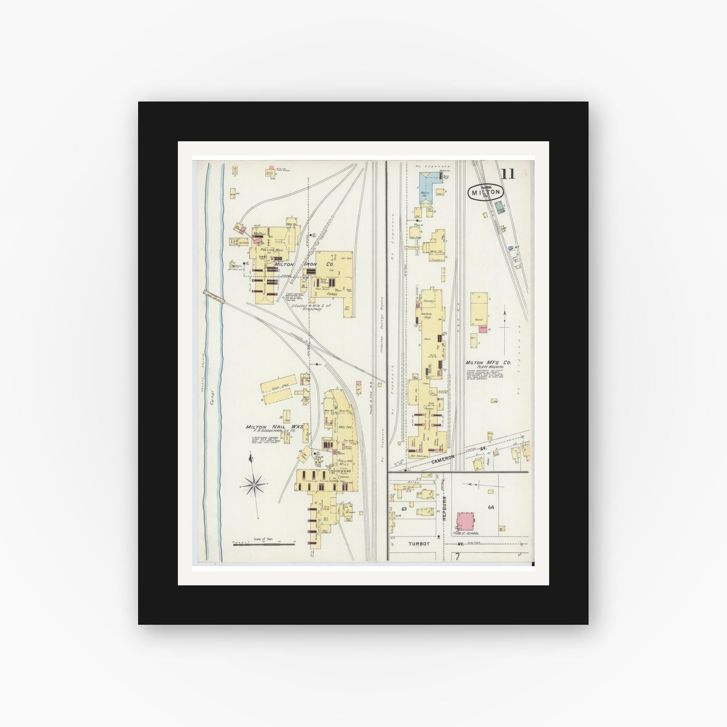 Old map wall art mockup — black gallery frame with white mat — Sanborn Fire Insurance Map from Milton, Northumberland County, Pennsylvania (1896), Sheet #0011