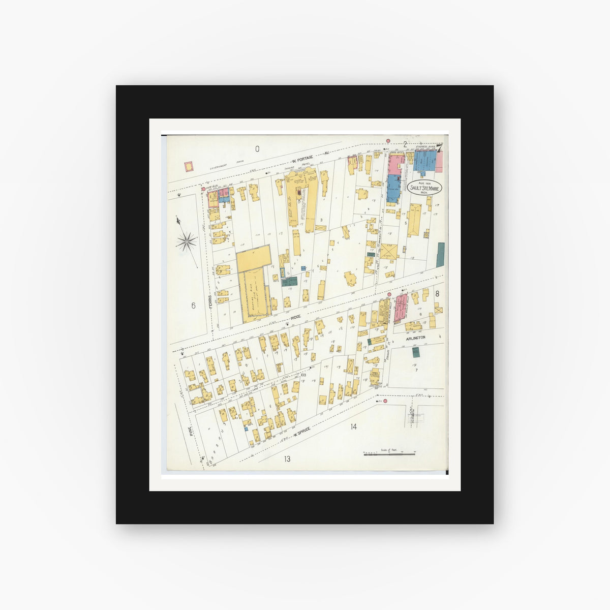 Old map wall art mockup — black gallery frame with white mat — Sanborn Fire Insurance Map from Sault Sainte Marie, Chippewa County, Michigan (1906), Sheet #0007