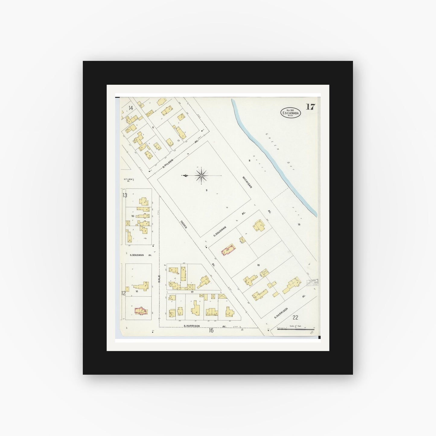 Old map wall art mockup — black gallery frame with white mat — Sanborn Fire Insurance Map from Escanaba, Delta County, Michigan (1906), Sheet #0017