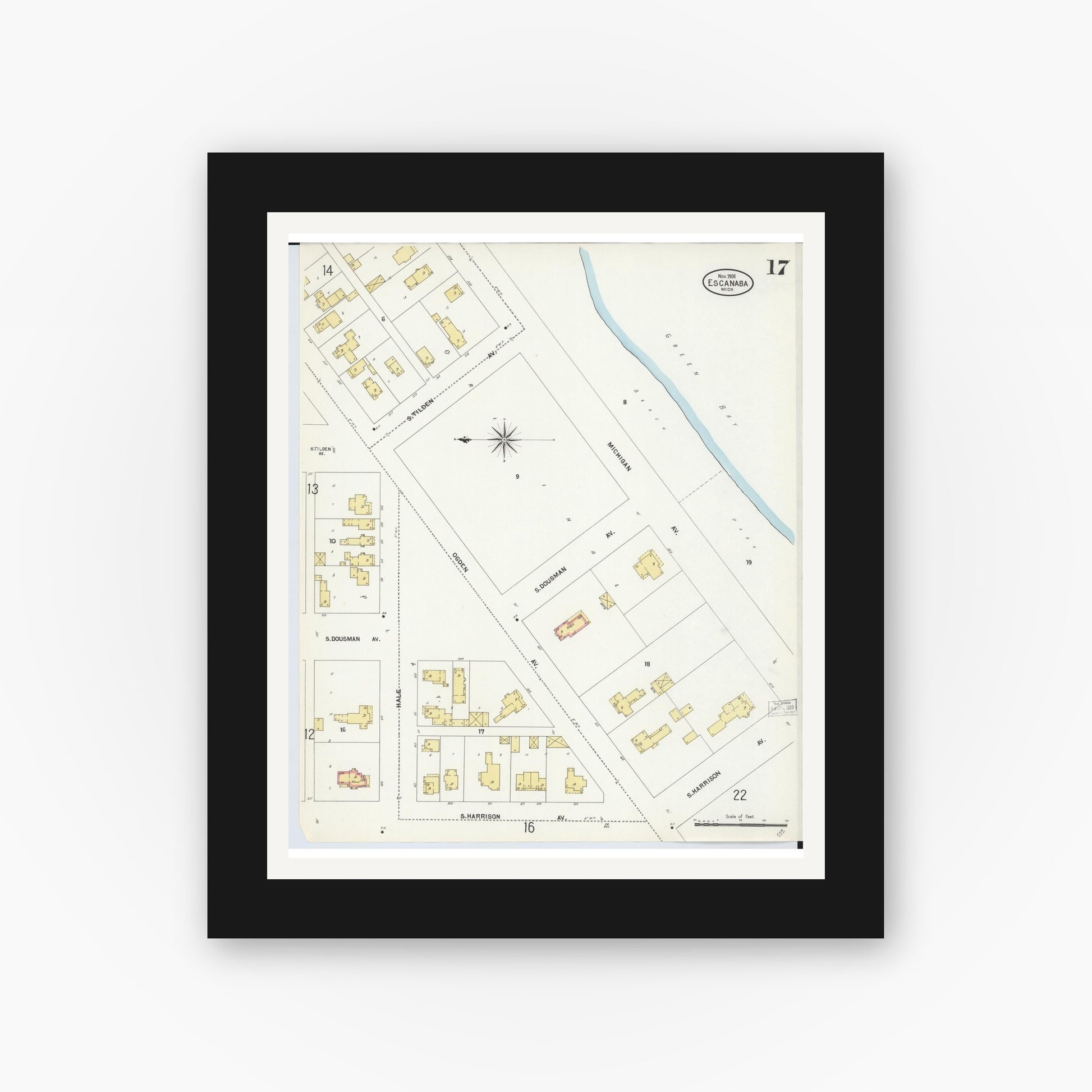 Old map wall art mockup — black gallery frame with white mat — Sanborn Fire Insurance Map from Escanaba, Delta County, Michigan (1906), Sheet #0017