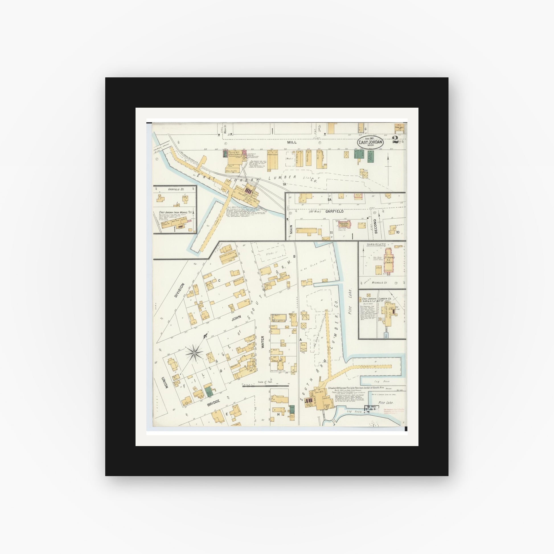 Old map wall art mockup — black gallery frame with white mat — Sanborn Fire Insurance Map from East Jordan, Charlevoix County, Michigan (1901), Sheet #0002