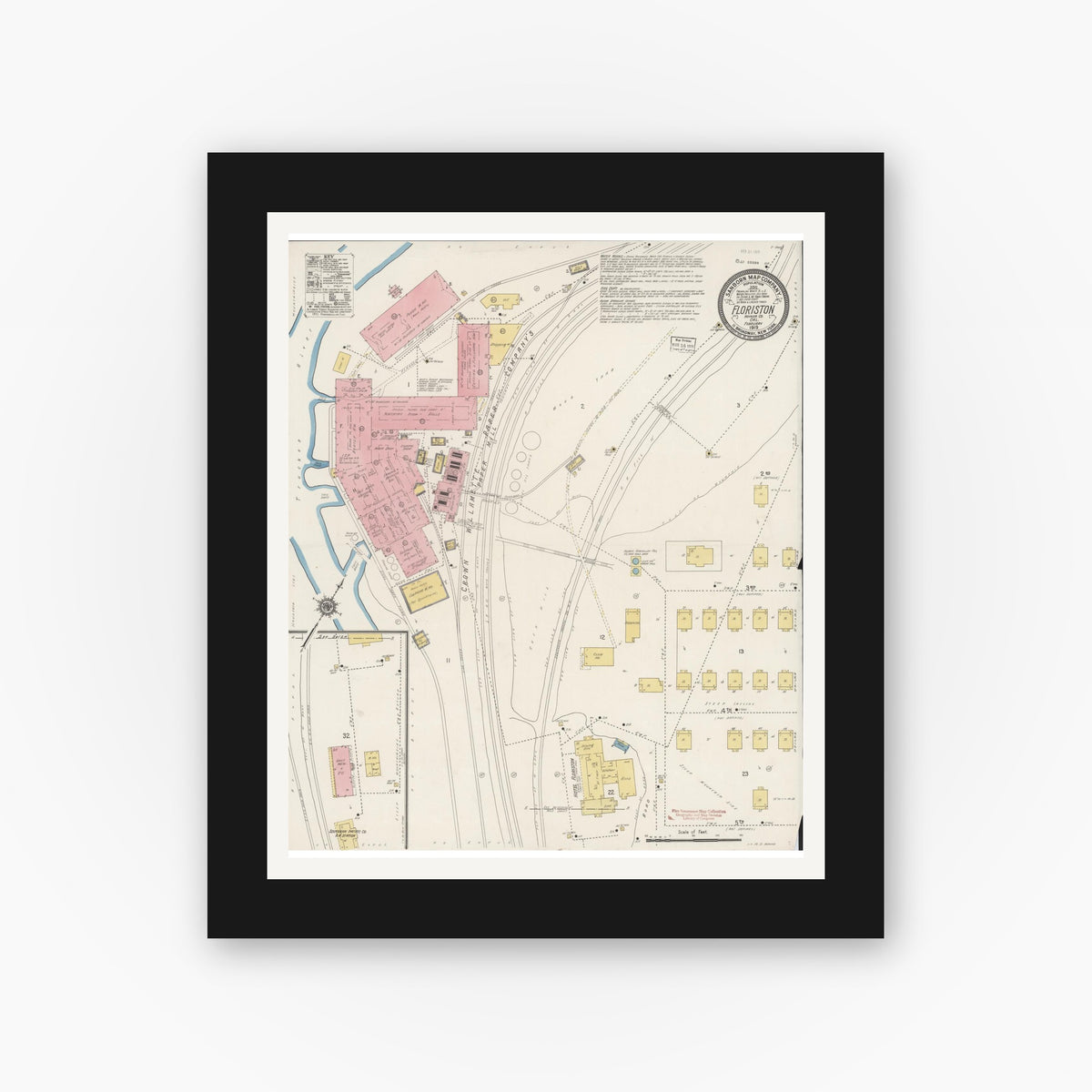Old map wall art mockup — black gallery frame with white mat — Sanborn Fire Insurance Map from Floriston, Nevada County, California (1919), Sheet #0001