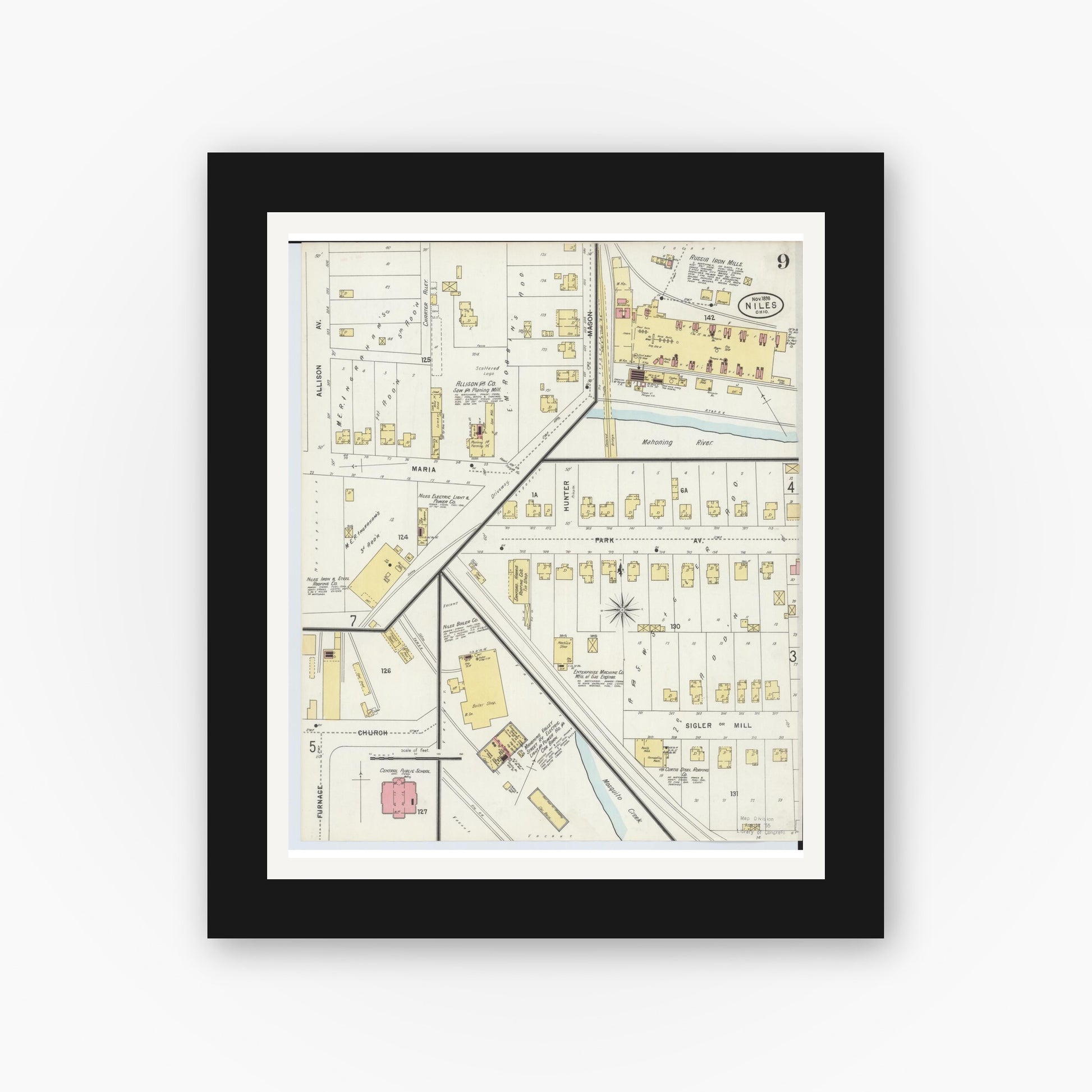 Old map wall art mockup — black gallery frame with white mat — Sanborn Fire Insurance Map from Niles, Trumbull County, Ohio (1898), Sheet #0009