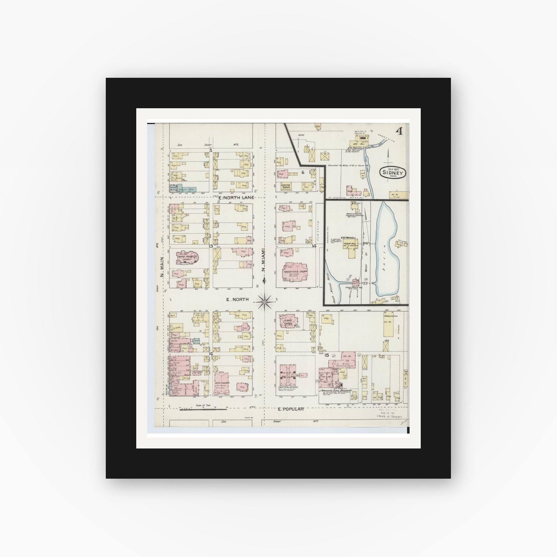 Old map wall art mockup — black gallery frame with white mat — Sanborn Fire Insurance Map from Sidney, Shelby County, Ohio (1887), Sheet #0004