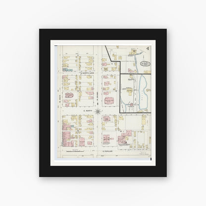 Old map wall art mockup — black gallery frame with white mat — Sanborn Fire Insurance Map from Sidney, Shelby County, Ohio (1887), Sheet #0004