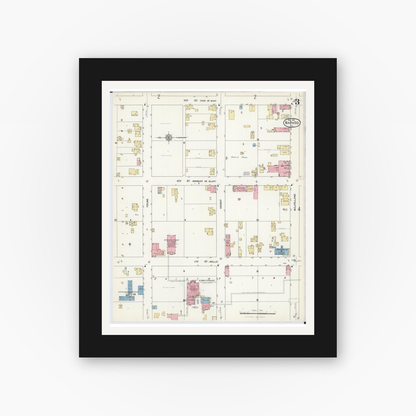 Old map wall art mockup — black gallery frame with white mat — Sanborn Fire Insurance Map from Nauvoo, Hancock County, Illinois (1912), Sheet #0003