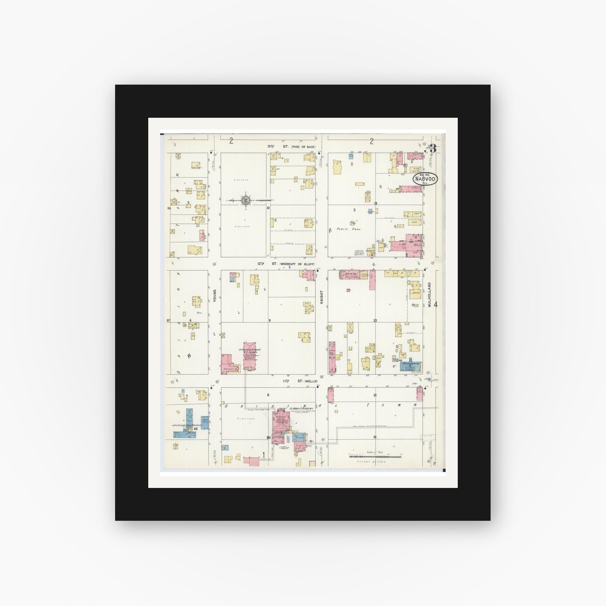 Old map wall art mockup — black gallery frame with white mat — Sanborn Fire Insurance Map from Nauvoo, Hancock County, Illinois (1912), Sheet #0003