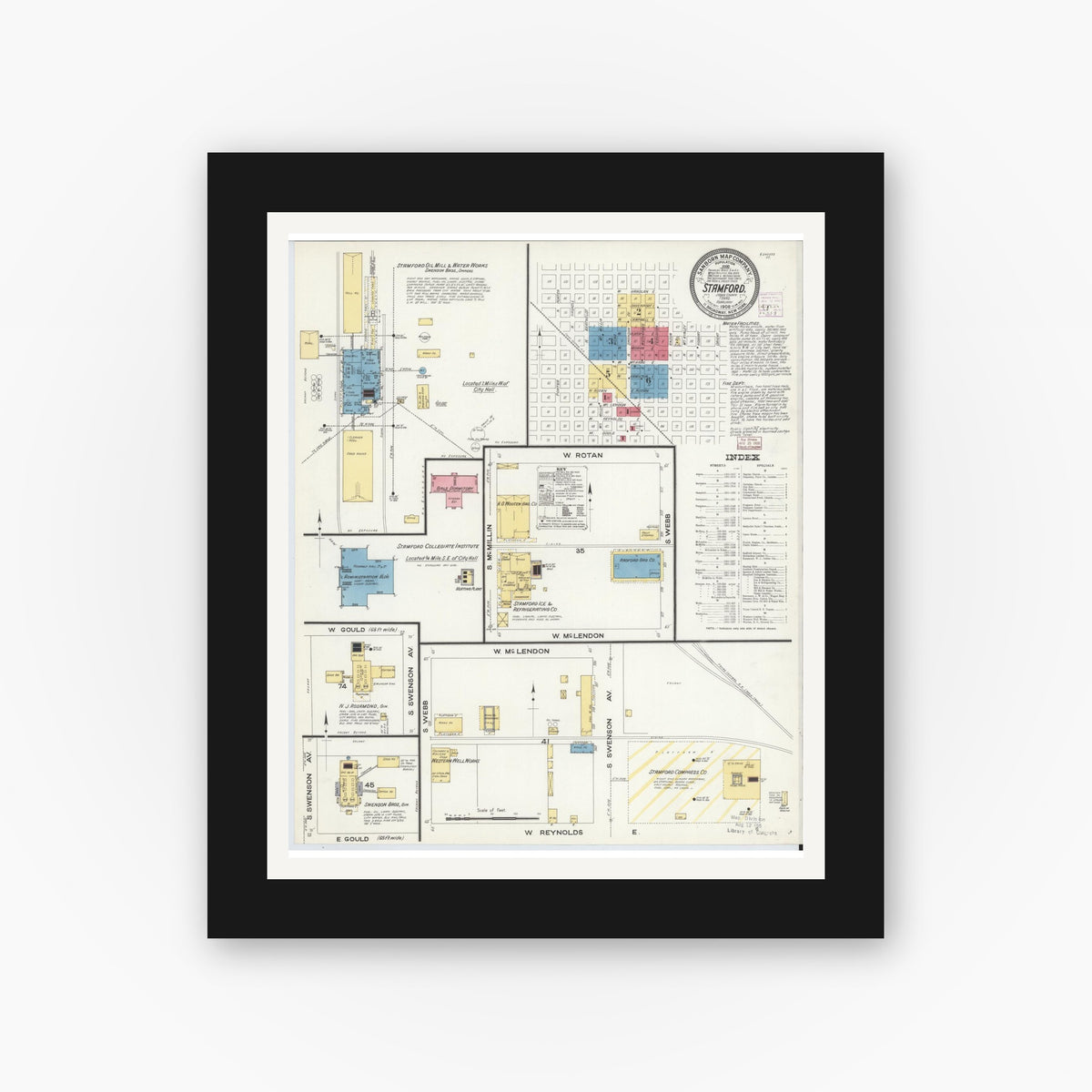 Old map wall art mockup — black gallery frame with white mat — Sanborn Fire Insurance Map from Stamford, Jones County, Texas (1908), Sheet #0001