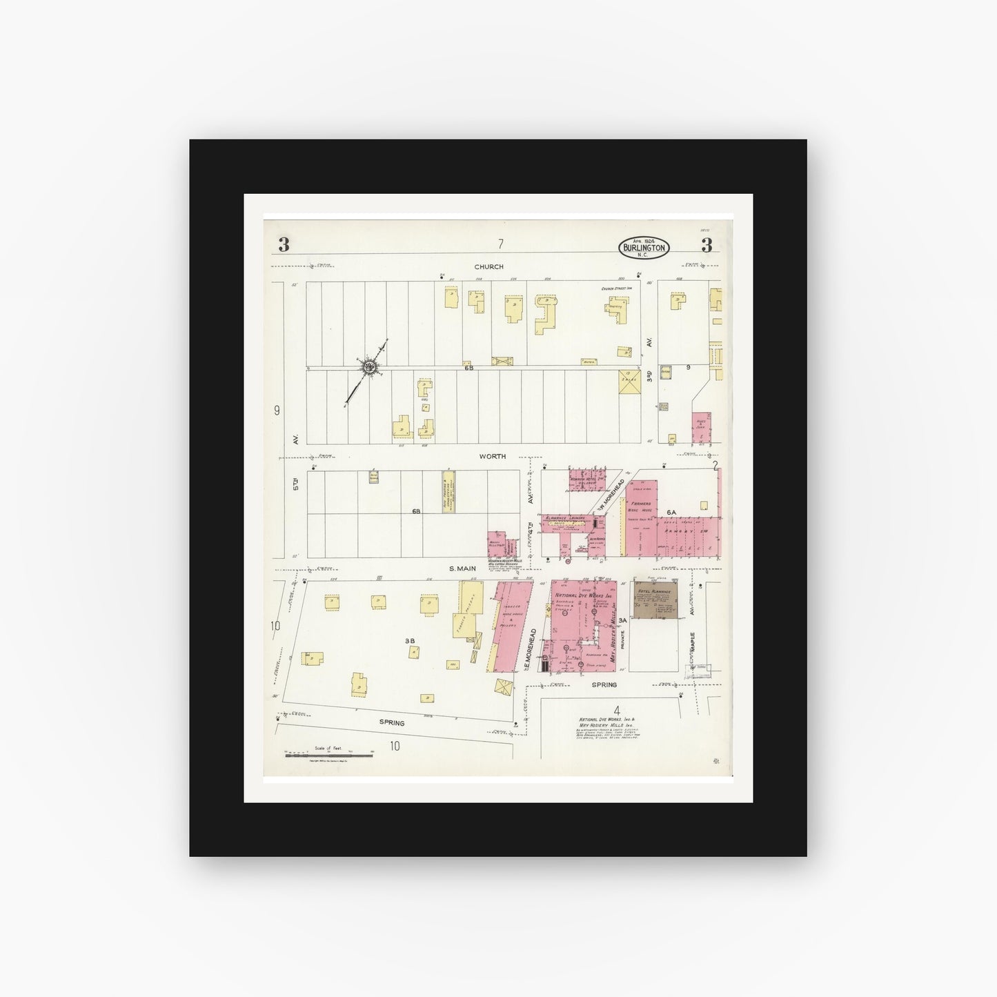 Old map wall art mockup — black gallery frame with white mat — Sanborn Fire Insurance Map from Burlington, Alamance County, North Carolina (1924), Sheet #0003