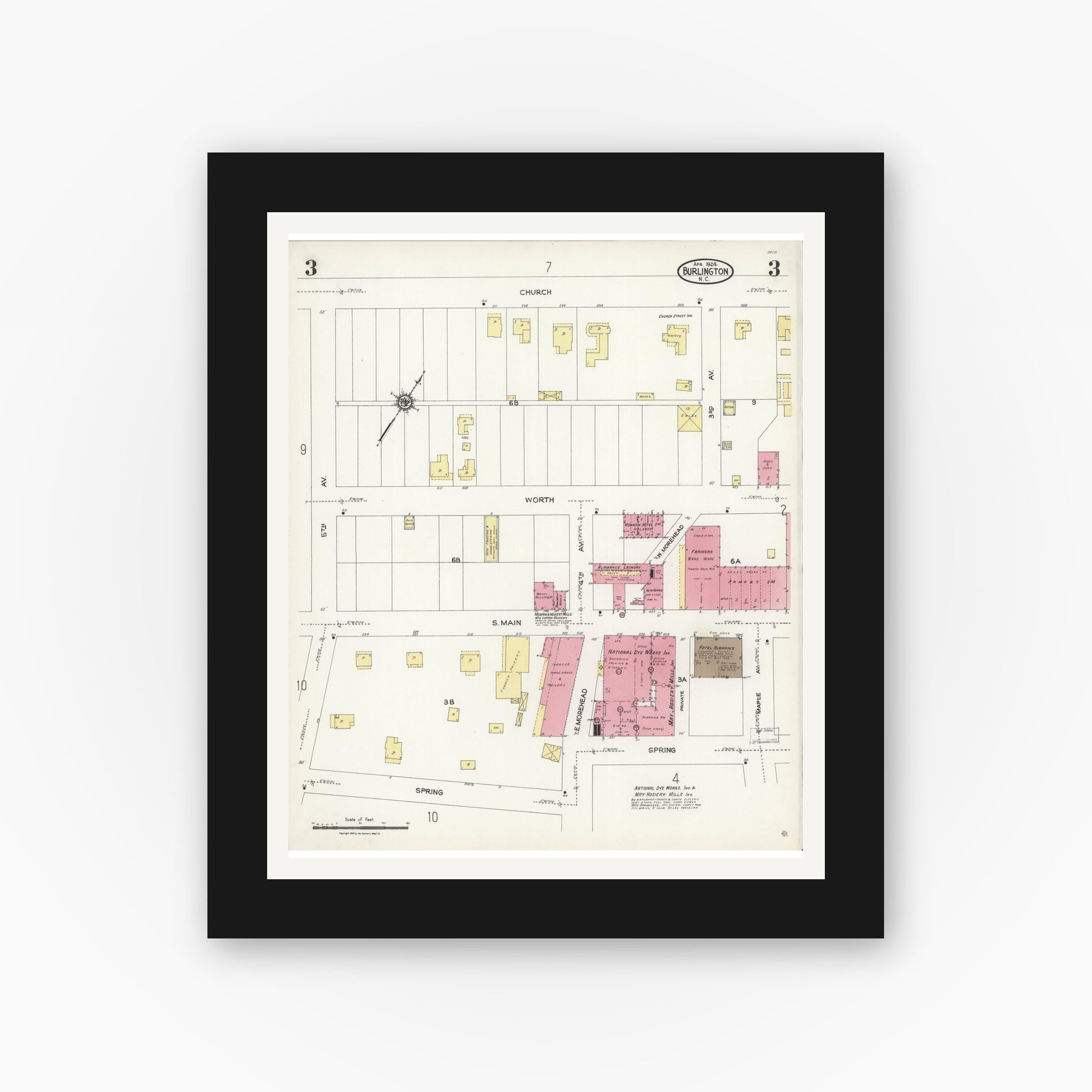 Old map wall art mockup — black gallery frame with white mat — Sanborn Fire Insurance Map from Burlington, Alamance County, North Carolina (1924), Sheet #0003