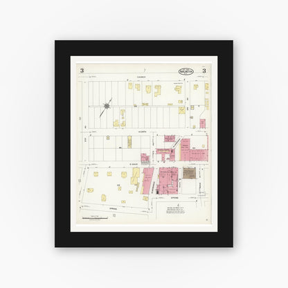 Old map wall art mockup — black gallery frame with white mat — Sanborn Fire Insurance Map from Burlington, Alamance County, North Carolina (1924), Sheet #0003