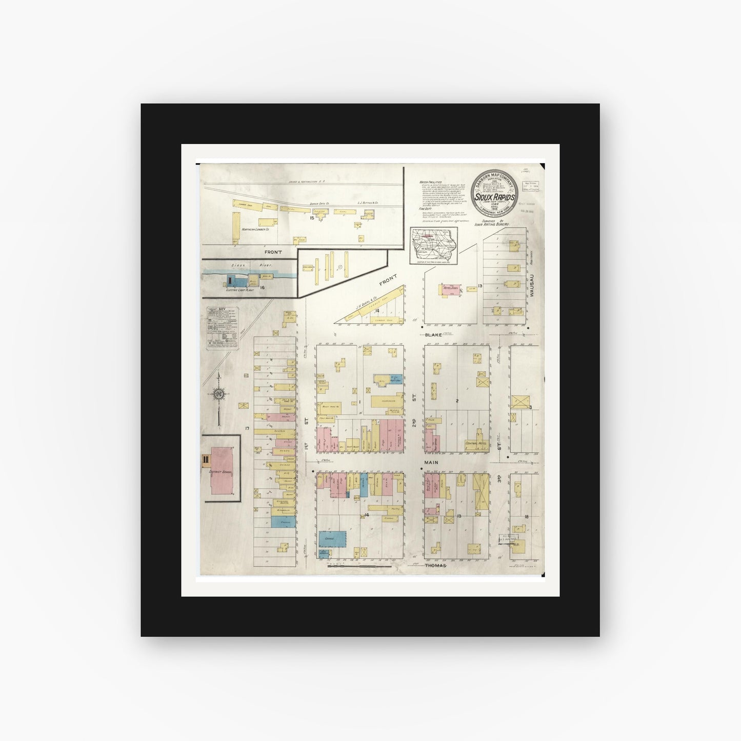 Old map wall art mockup — black gallery frame with white mat — Sanborn Fire Insurance Map from Sioux Rapids, Buena Vista County, Iowa (1916), Sheet #0001