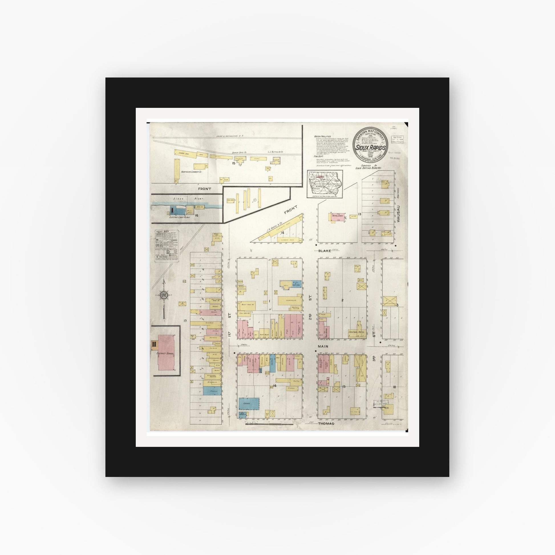 Old map wall art mockup — black gallery frame with white mat — Sanborn Fire Insurance Map from Sioux Rapids, Buena Vista County, Iowa (1916), Sheet #0001