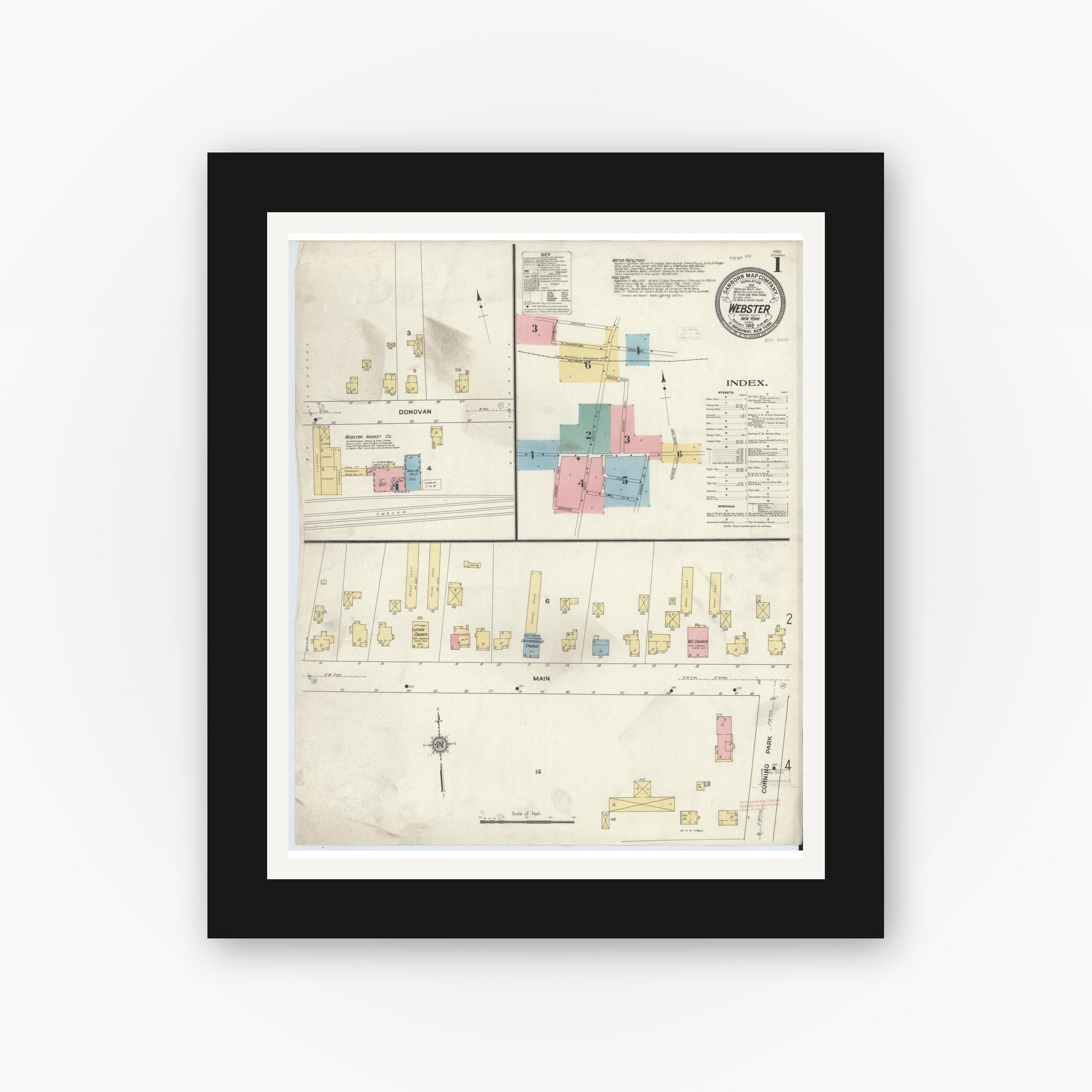 Old map wall art mockup — black gallery frame with white mat — Sanborn Fire Insurance Map from Webster, Monroe County, New York (1912) - Complete Map Set