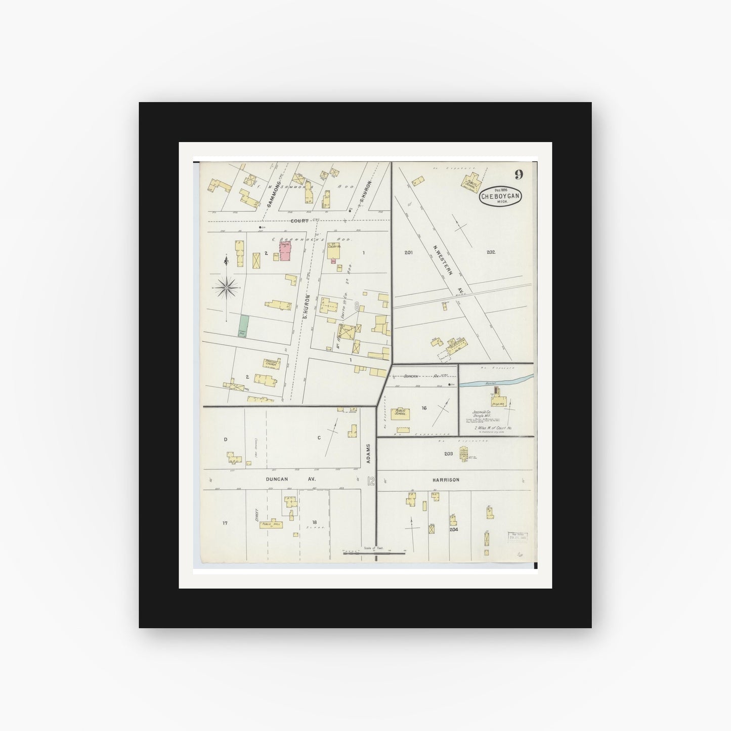 Old map wall art mockup — black gallery frame with white mat — Sanborn Fire Insurance Map from Cheboygan, Cheboygan County, Michigan (1895), Sheet #0009