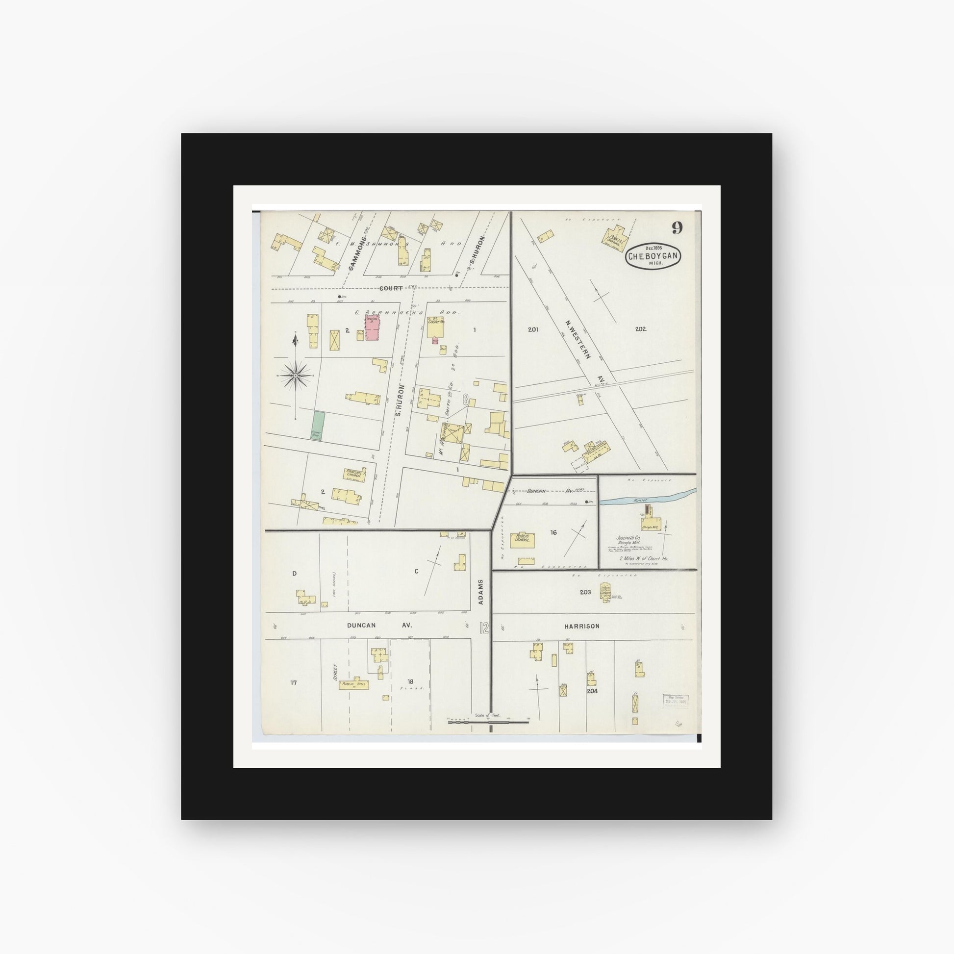 Old map wall art mockup — black gallery frame with white mat — Sanborn Fire Insurance Map from Cheboygan, Cheboygan County, Michigan (1895), Sheet #0009
