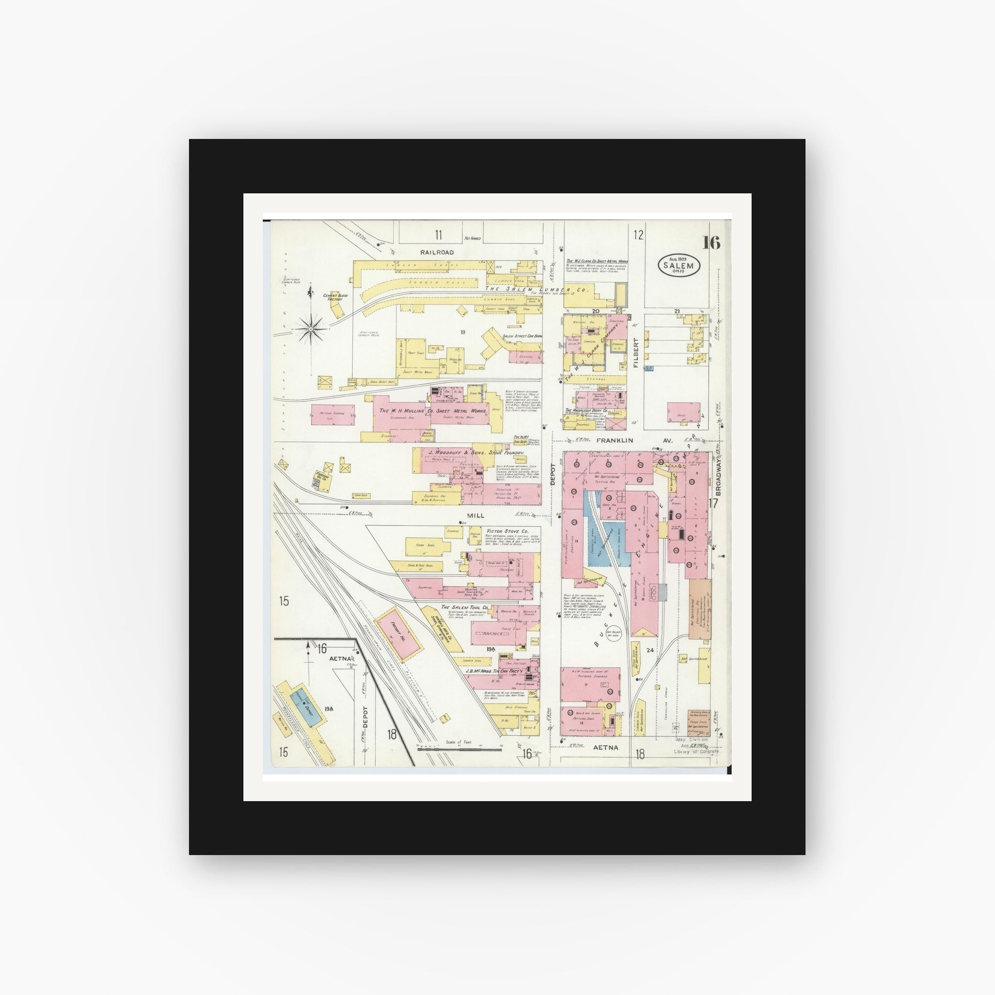 Old map wall art mockup — black gallery frame with white mat — Sanborn Fire Insurance Map from Salem, Columbiana County, Ohio (1909), Sheet #0016