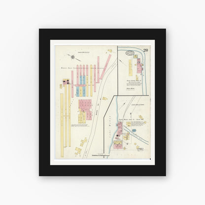 Old map wall art mockup — black gallery frame with white mat — Sanborn Fire Insurance Map from Natick, Middlesex County, Massachusetts (1915), Sheet #0020