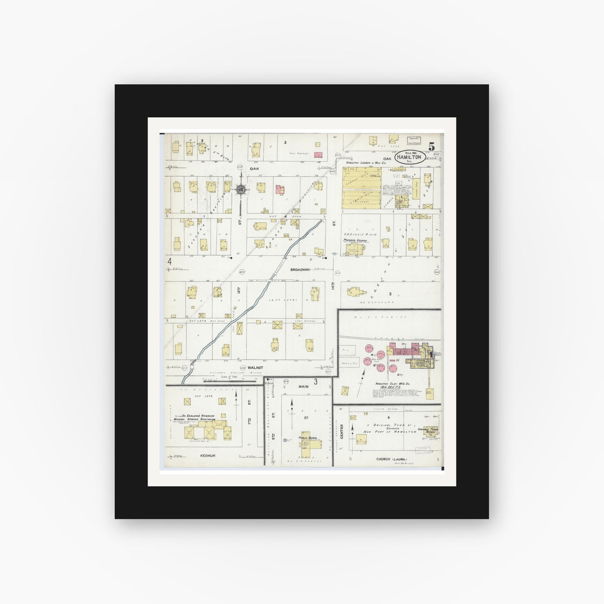 Old map wall art mockup — black gallery frame with white mat — Sanborn Fire Insurance Map from Hamilton, Hancock County, Illinois (1912), Sheet #0005
