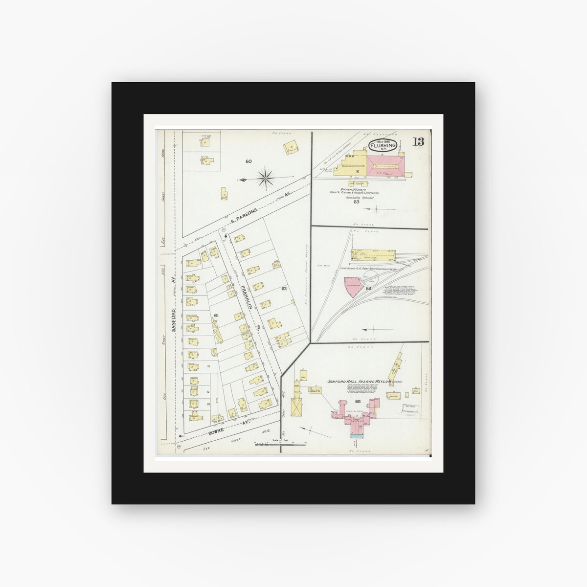 Old map wall art mockup — black gallery frame with white mat — Sanborn Fire Insurance Map from Flushing, Queens County, New York (1892), Sheet #0013