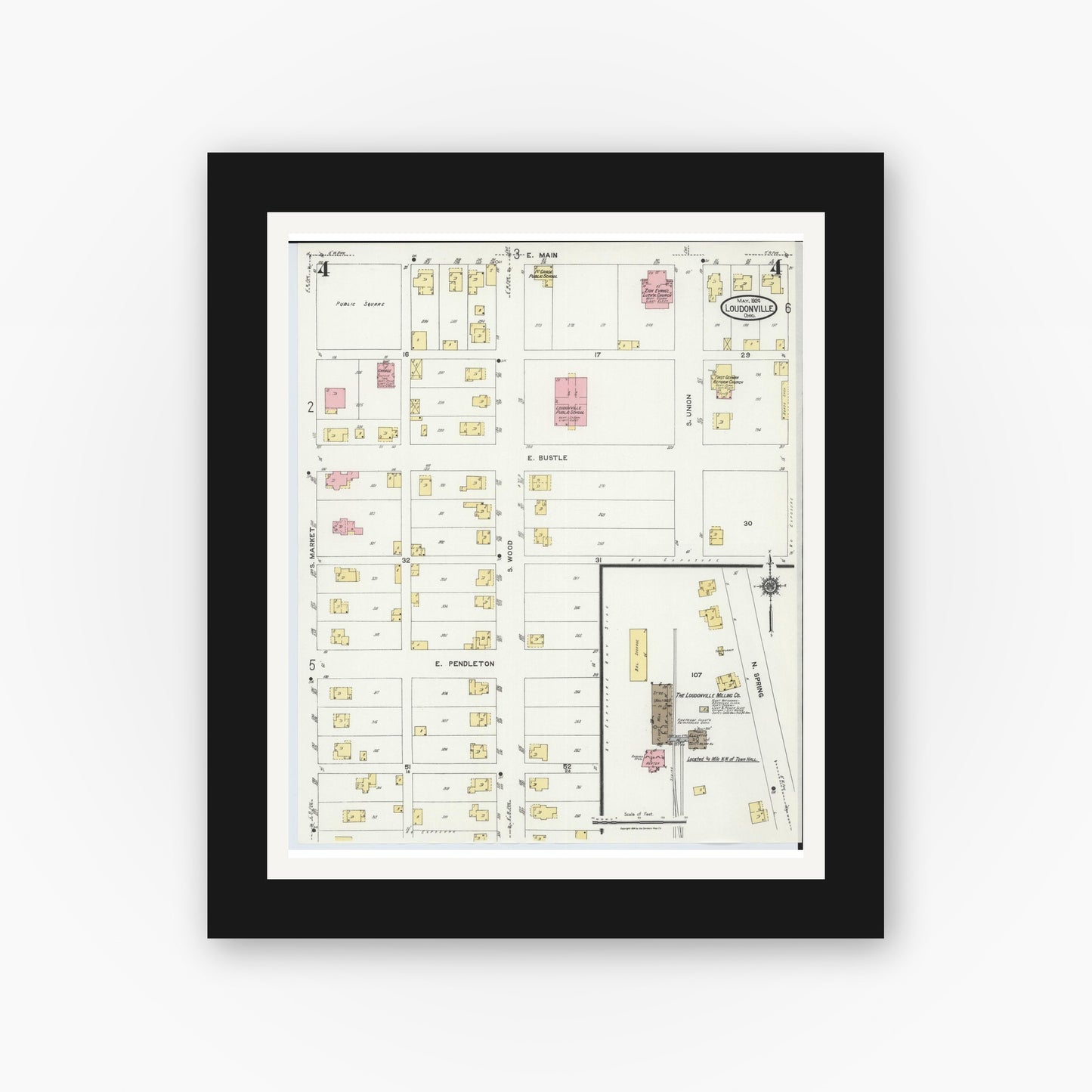 Old map wall art mockup — black gallery frame with white mat — Sanborn Fire Insurance Map from Loudonville, Ashland County, Ohio (1924), Sheet #0004