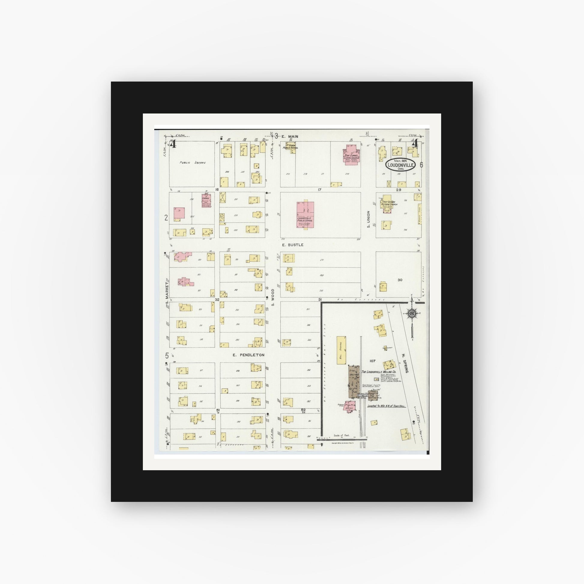 Old map wall art mockup — black gallery frame with white mat — Sanborn Fire Insurance Map from Loudonville, Ashland County, Ohio (1924), Sheet #0004