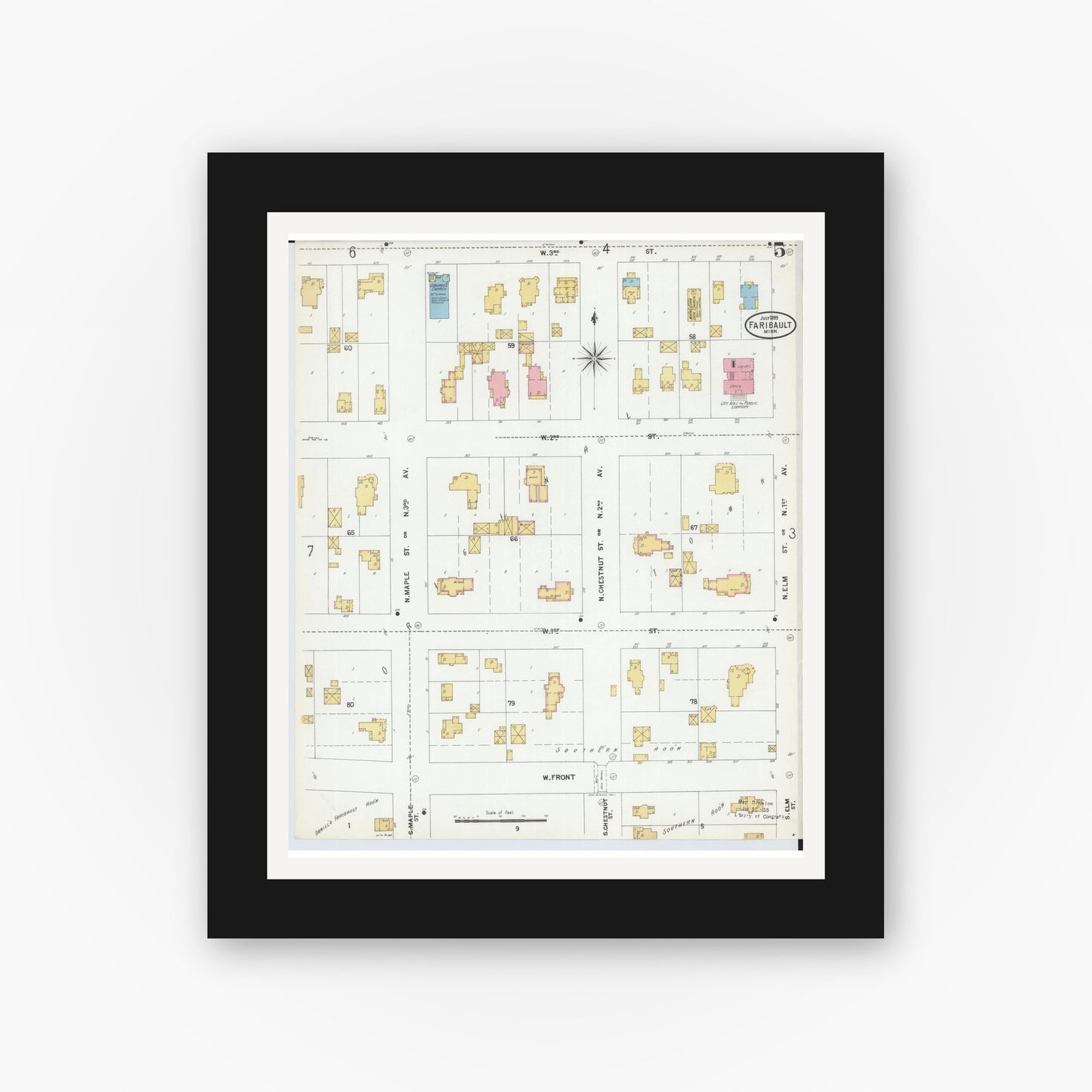 Old map wall art mockup — black gallery frame with white mat — Sanborn Fire Insurance Map from Faribault, Rice County, Minnesota (1899), Sheet #0005