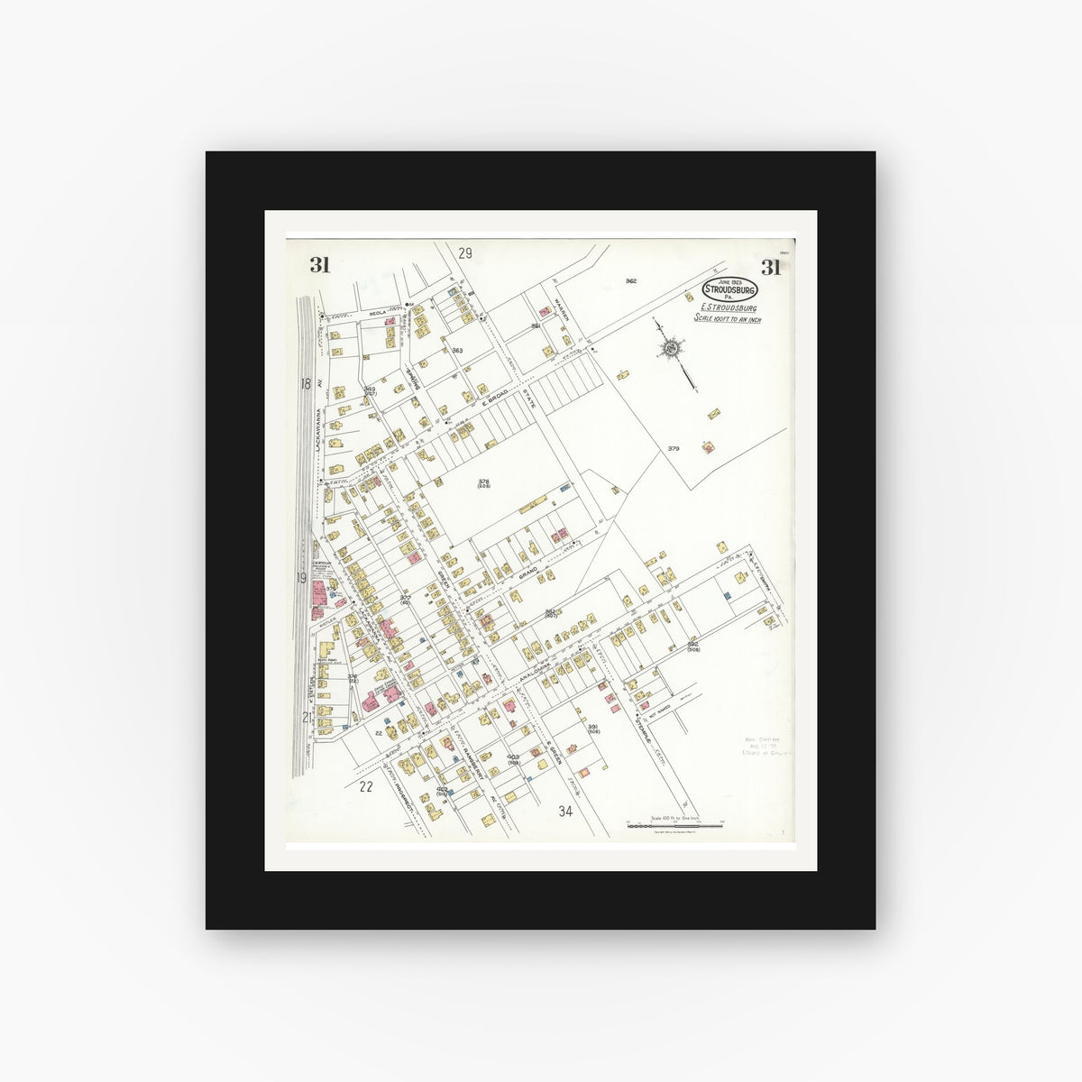 Old map wall art mockup — black gallery frame with white mat — Sanborn Fire Insurance Map from Stroudsburg, Monroe County, Pennsylvania (1923), Sheet #0031