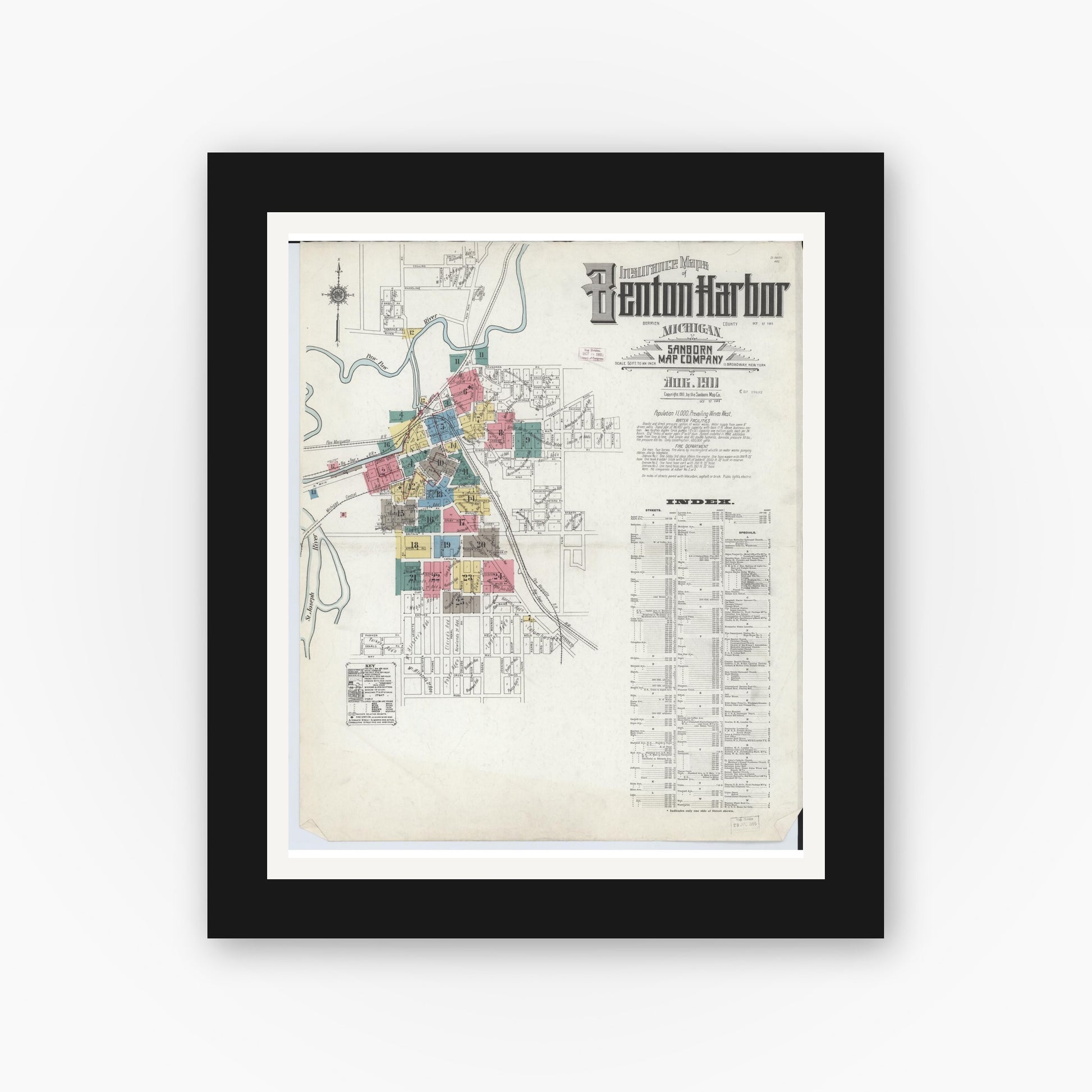 Old map wall art mockup — black gallery frame with white mat — Sanborn Fire Insurance Map from Benton Harbor, Berrien County, Michigan (1911) - Complete Map Set