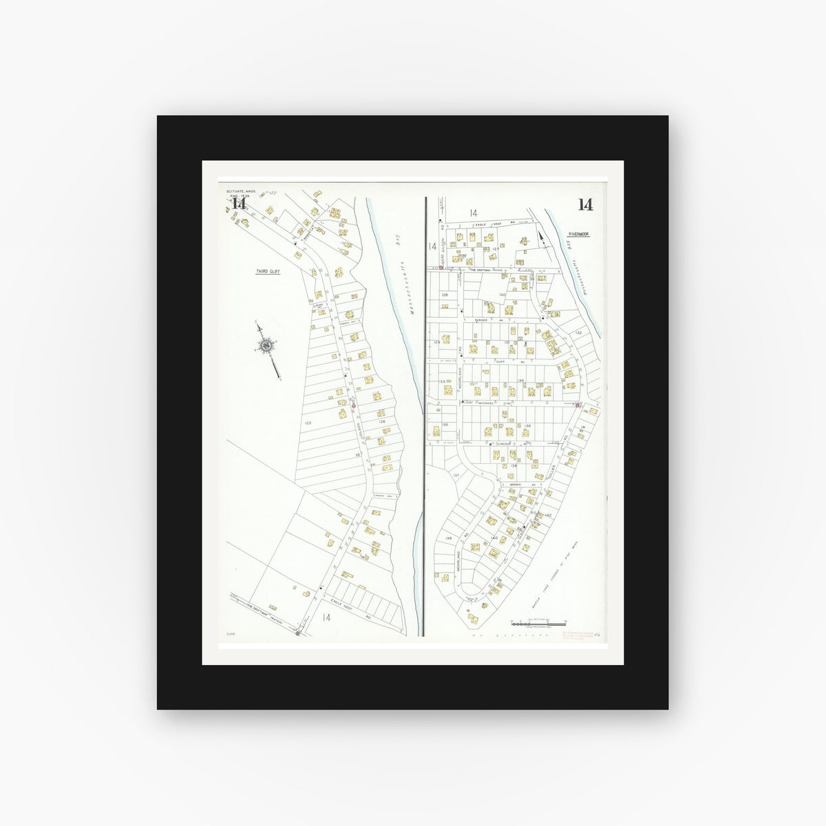 Old map wall art mockup — black gallery frame with white mat — Sanborn Fire Insurance Map from Scituate, Plymouth County, Massachusetts (1939), Sheet #0014