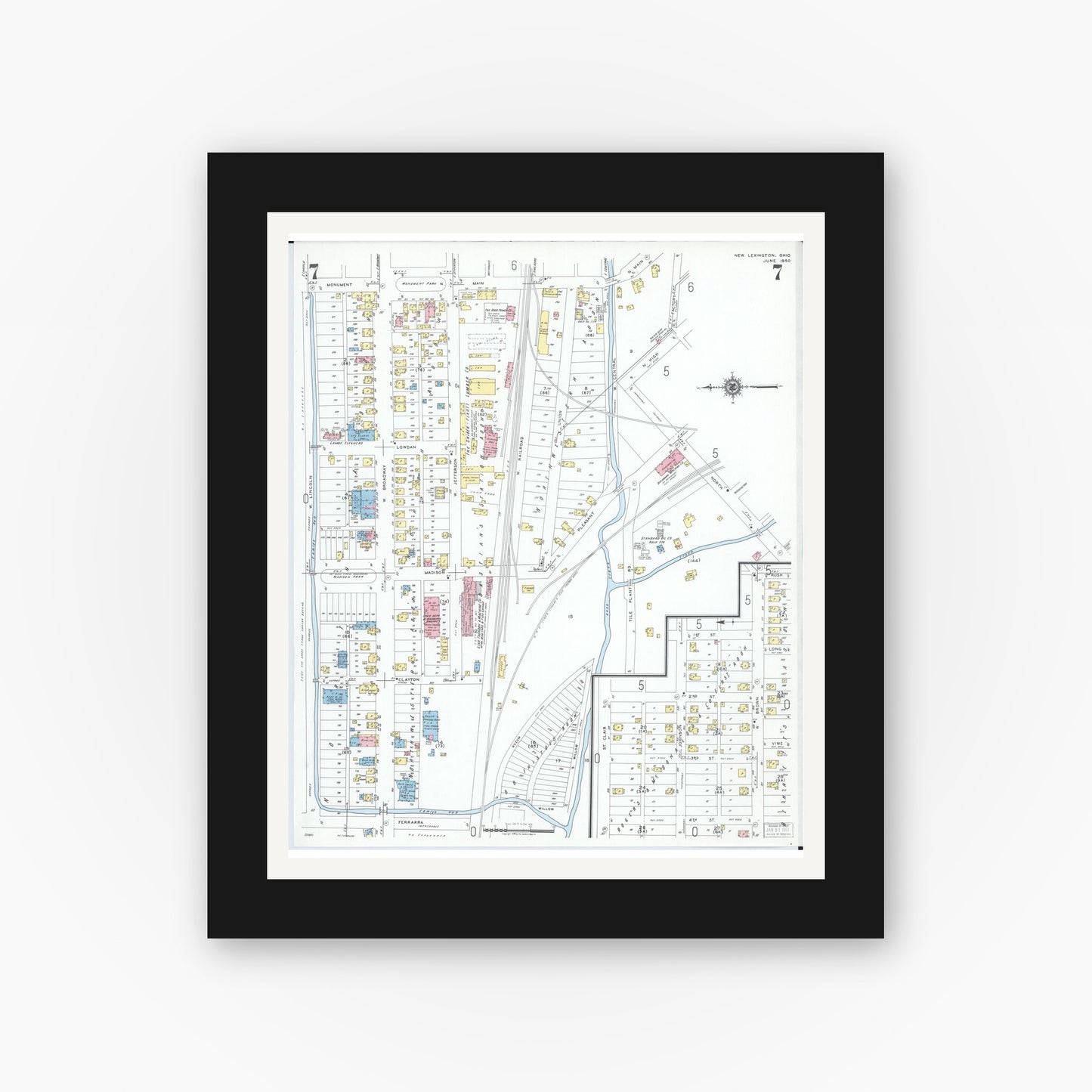 Old map wall art mockup — black gallery frame with white mat — Sanborn Fire Insurance Map from New Lexington, Perry County, Ohio (1950), Sheet #0007