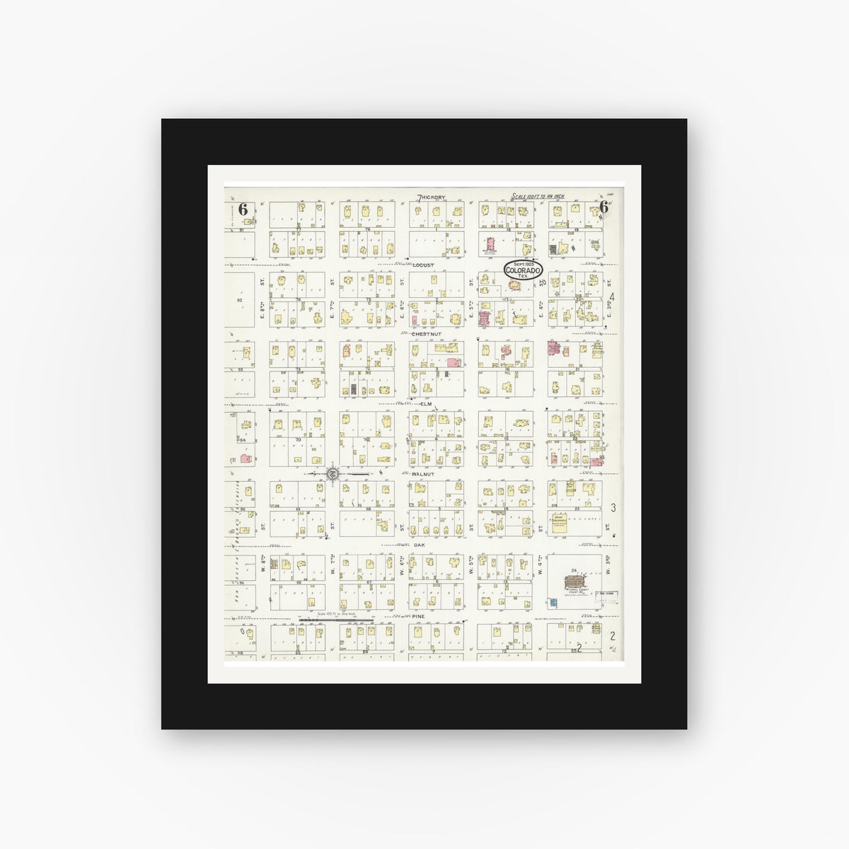 Old map wall art mockup — black gallery frame with white mat — Sanborn Fire Insurance Map from Colorado, Mitchell County, Texas (1925), Sheet #0006