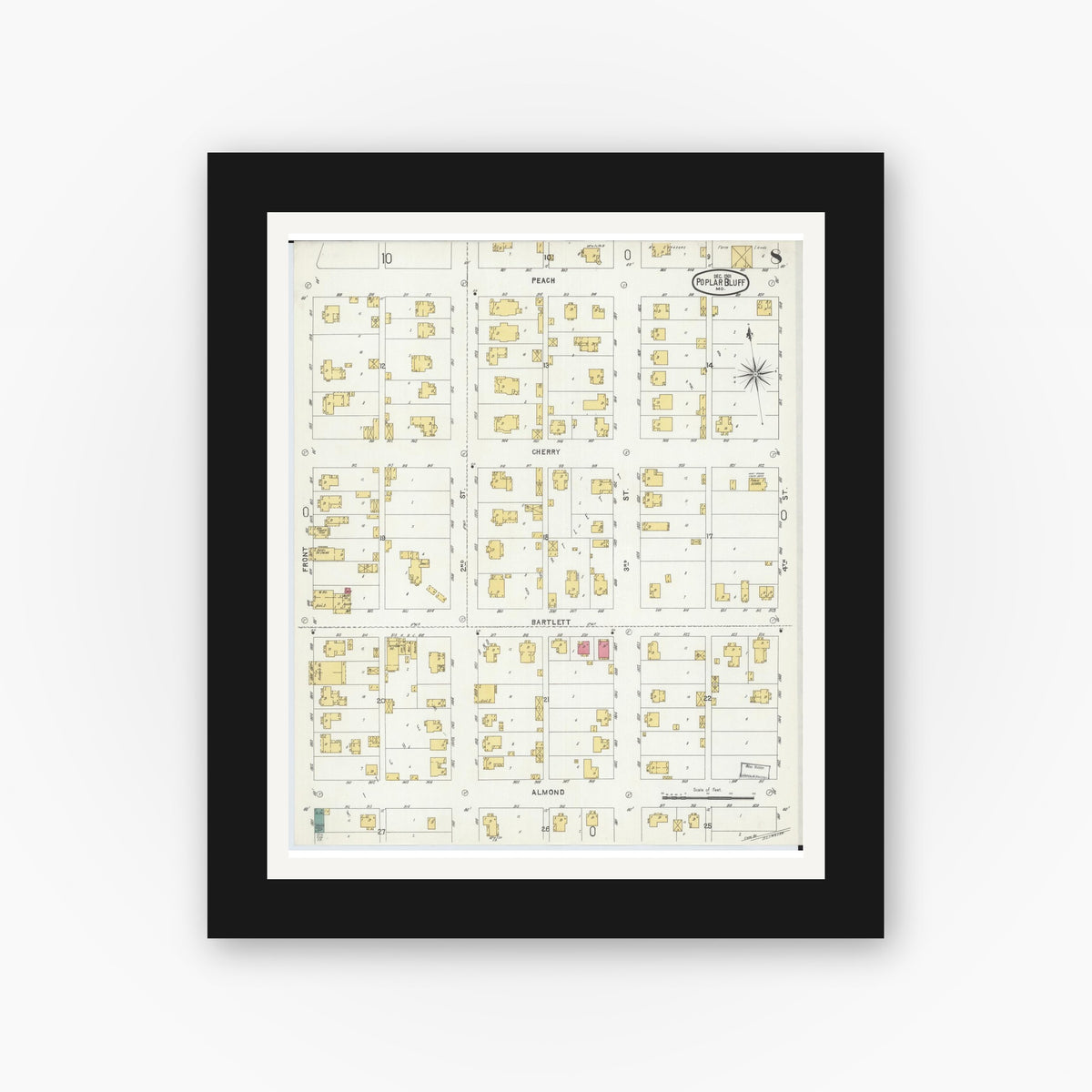 Old map wall art mockup — black gallery frame with white mat — Sanborn Fire Insurance Map from Poplar Bluff, Butler County, Missouri (1901), Sheet #0008