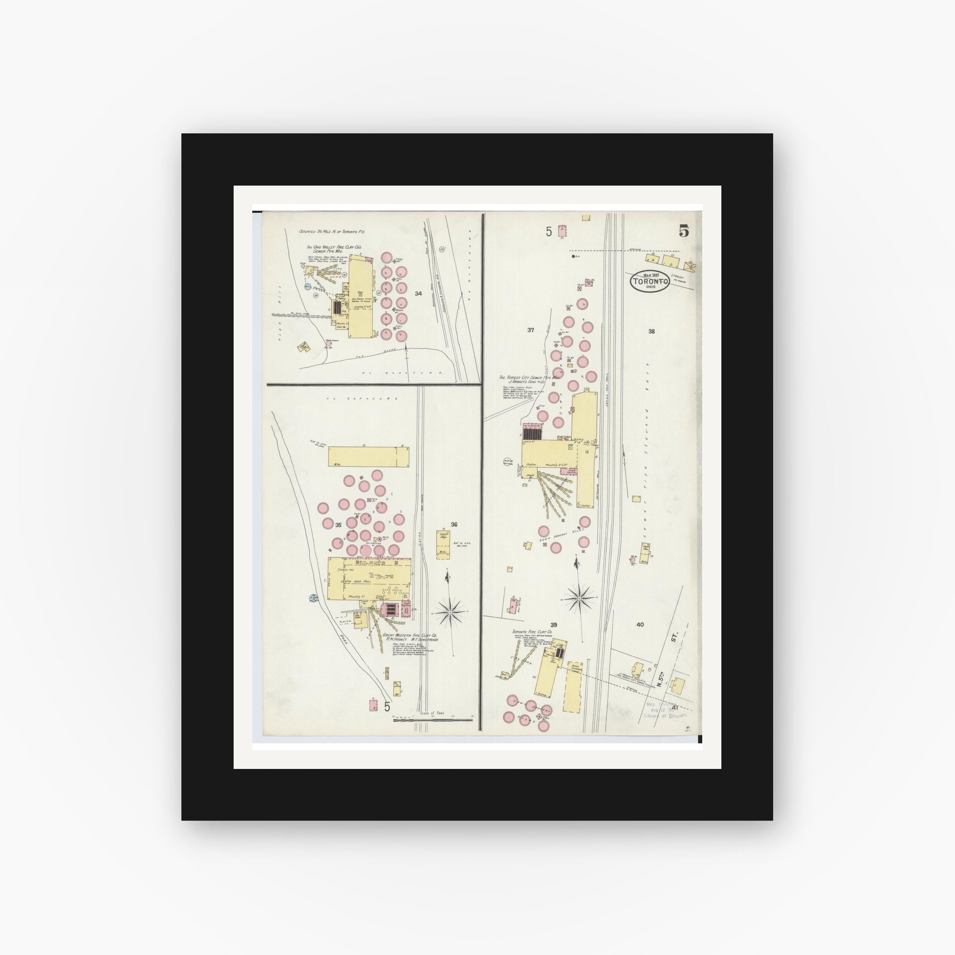 Old map wall art mockup — black gallery frame with white mat — Sanborn Fire Insurance Map from Toronto, Jefferson County, Ohio (1897), Sheet #0005
