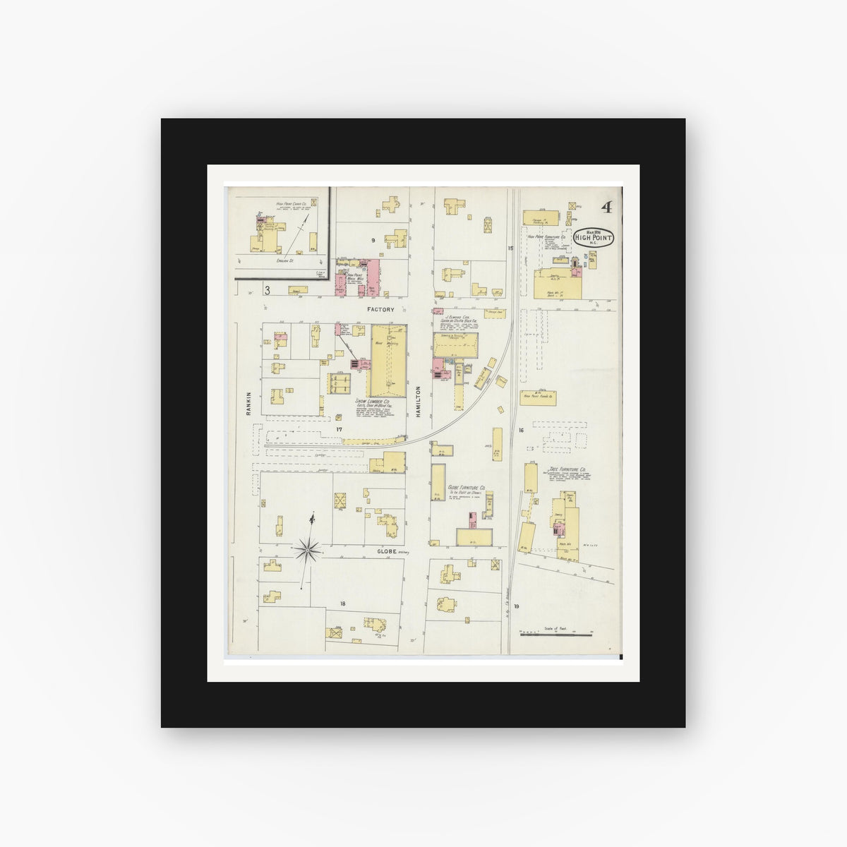 Old map wall art mockup — black gallery frame with white mat — Sanborn Fire Insurance Map from High Point, Guilford County, North Carolina (1896), Sheet #0004