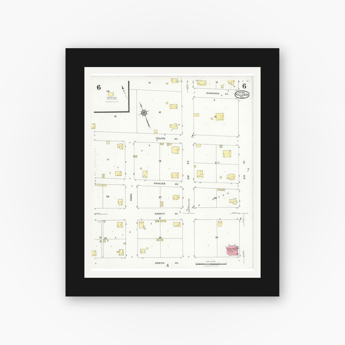 Old map wall art mockup — black gallery frame with white mat — Sanborn Fire Insurance Map from Killeen, Bell County, Texas (1926), Sheet #0006