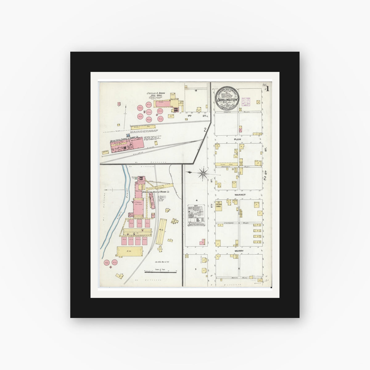 Old map wall art mockup — black gallery frame with white mat — Sanborn Fire Insurance Map from Darlington, Beaver County, Pennsylvania (1906) - Complete Map Set