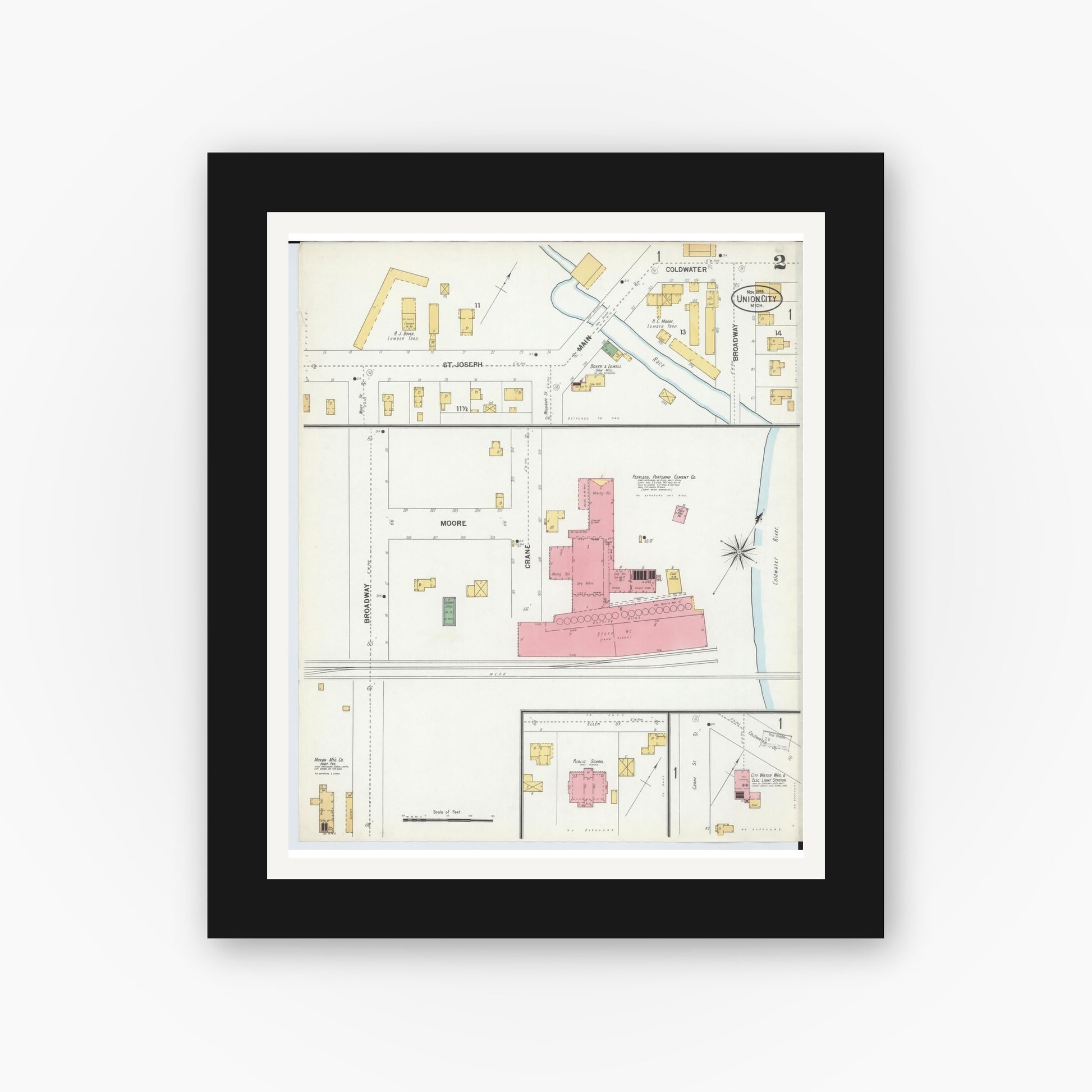 Old map wall art mockup — black gallery frame with white mat — Sanborn Fire Insurance Map from Union City, Branch And Calhoun Counties, Michigan (1899), Sheet #0002