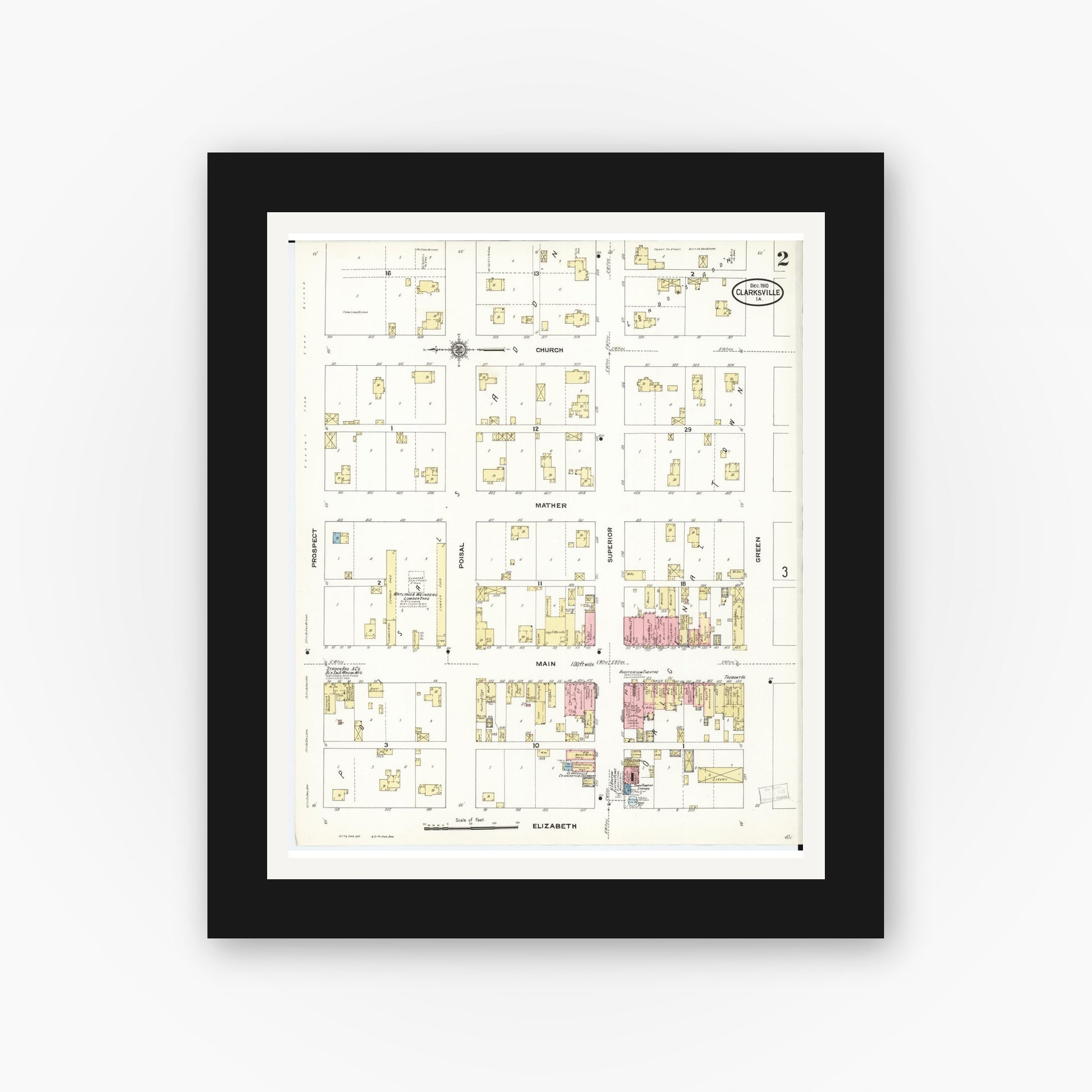 Old map wall art mockup — black gallery frame with white mat — Sanborn Fire Insurance Map from Clarksville, Butler County, Iowa (1910), Sheet #0002