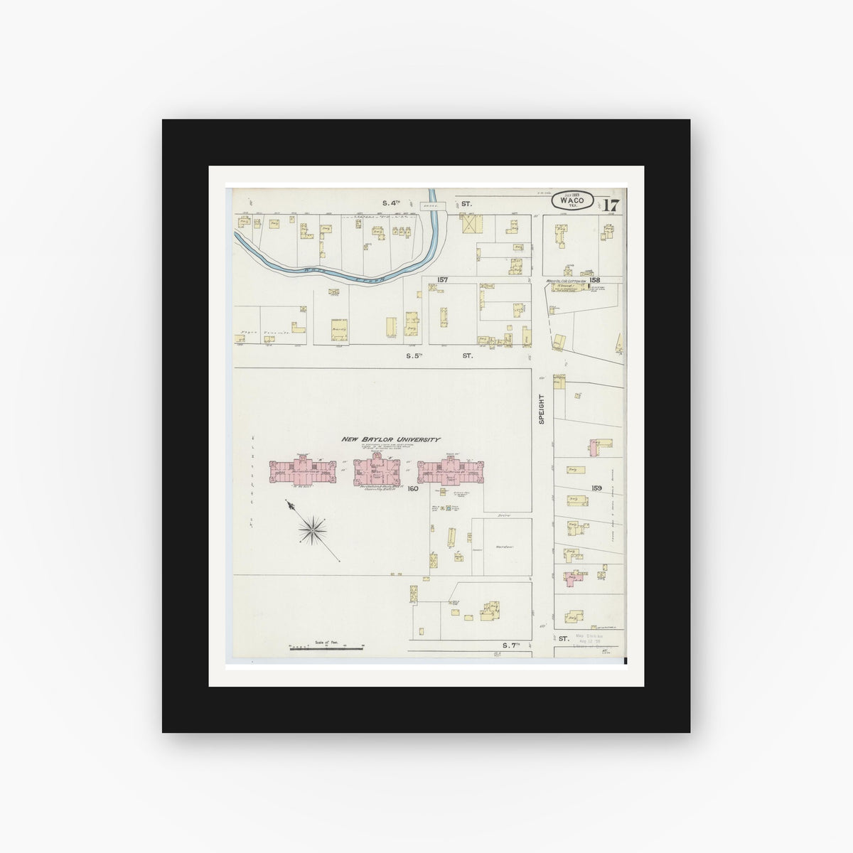 Old map wall art mockup — black gallery frame with white mat — Sanborn Fire Insurance Map from Waco, McLennan County, Texas (1889), Sheet #0017